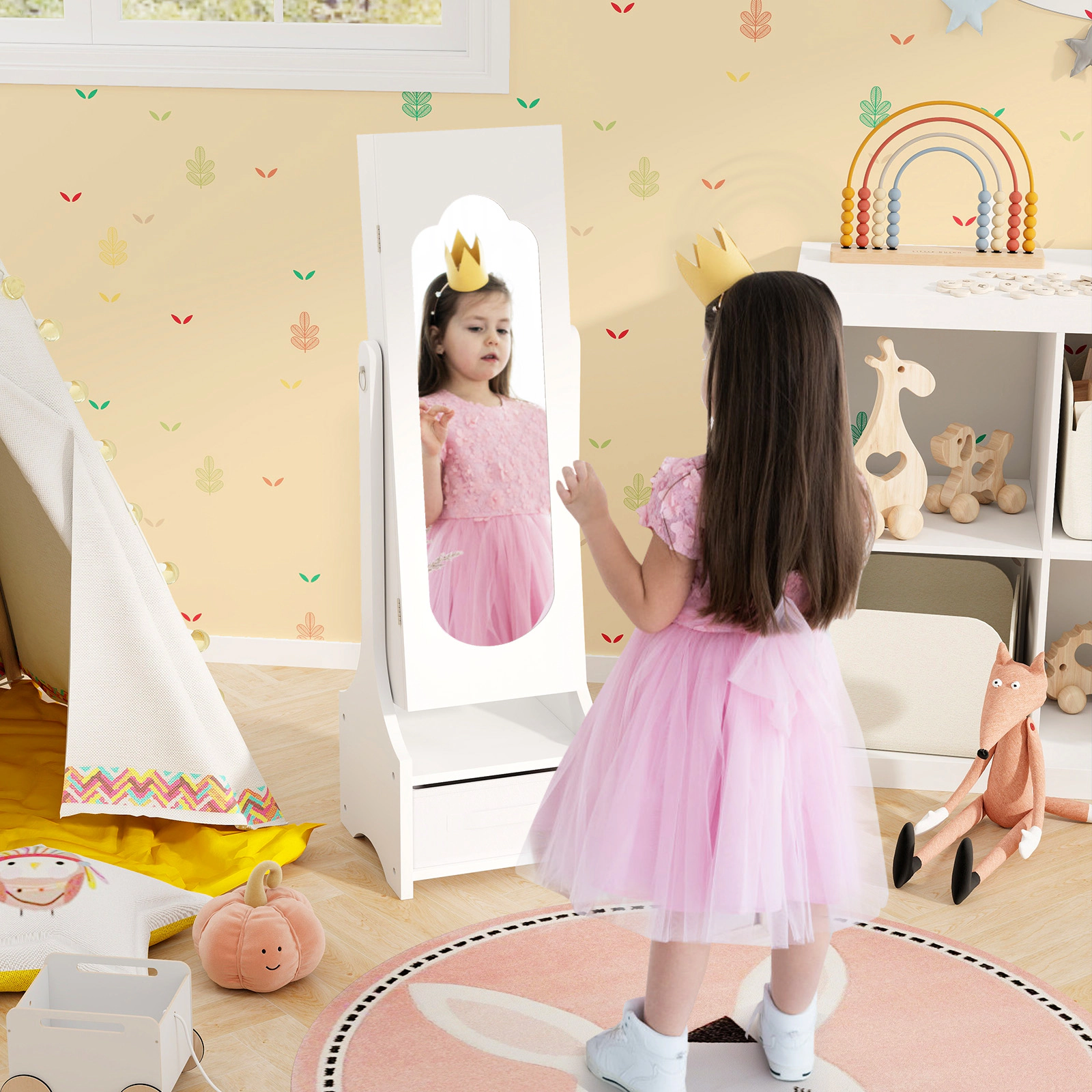 SUGIFT Kids Jewelry Armoire White Freestanding Cabinet with 2 Tilt Angles and Fabric Drawer