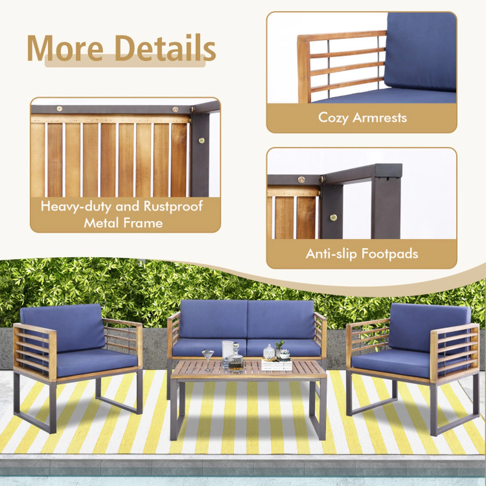 SUGIFT 4 Piece Patio Acacia Wood and Metal Conversation Set with Soft Cushions 400/800-lb Capacity Navy Blue