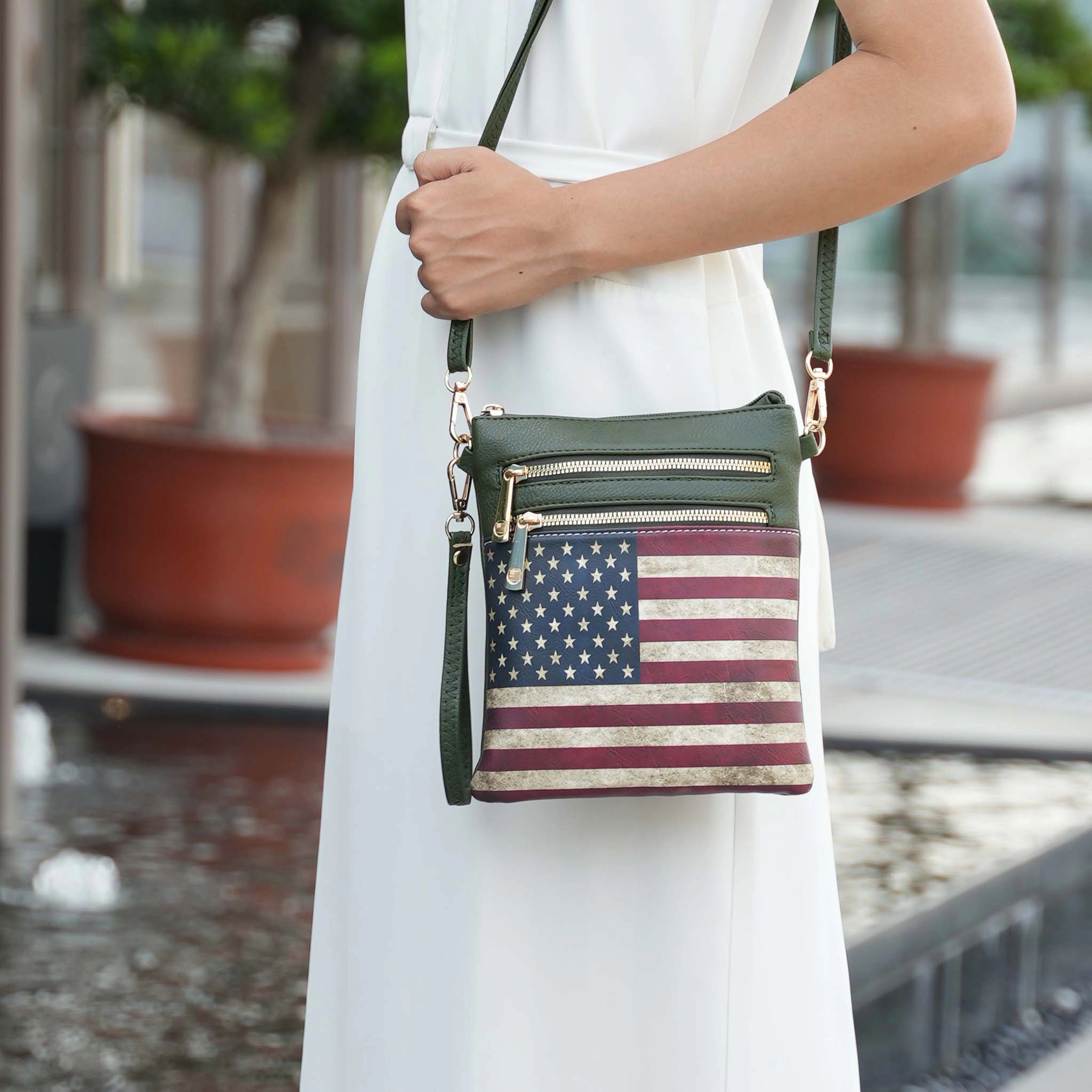 Mia K Collection Genesis Crossbody Bag - Vegan Leather Patriotic Flag Print, Removable Adjustable Strap