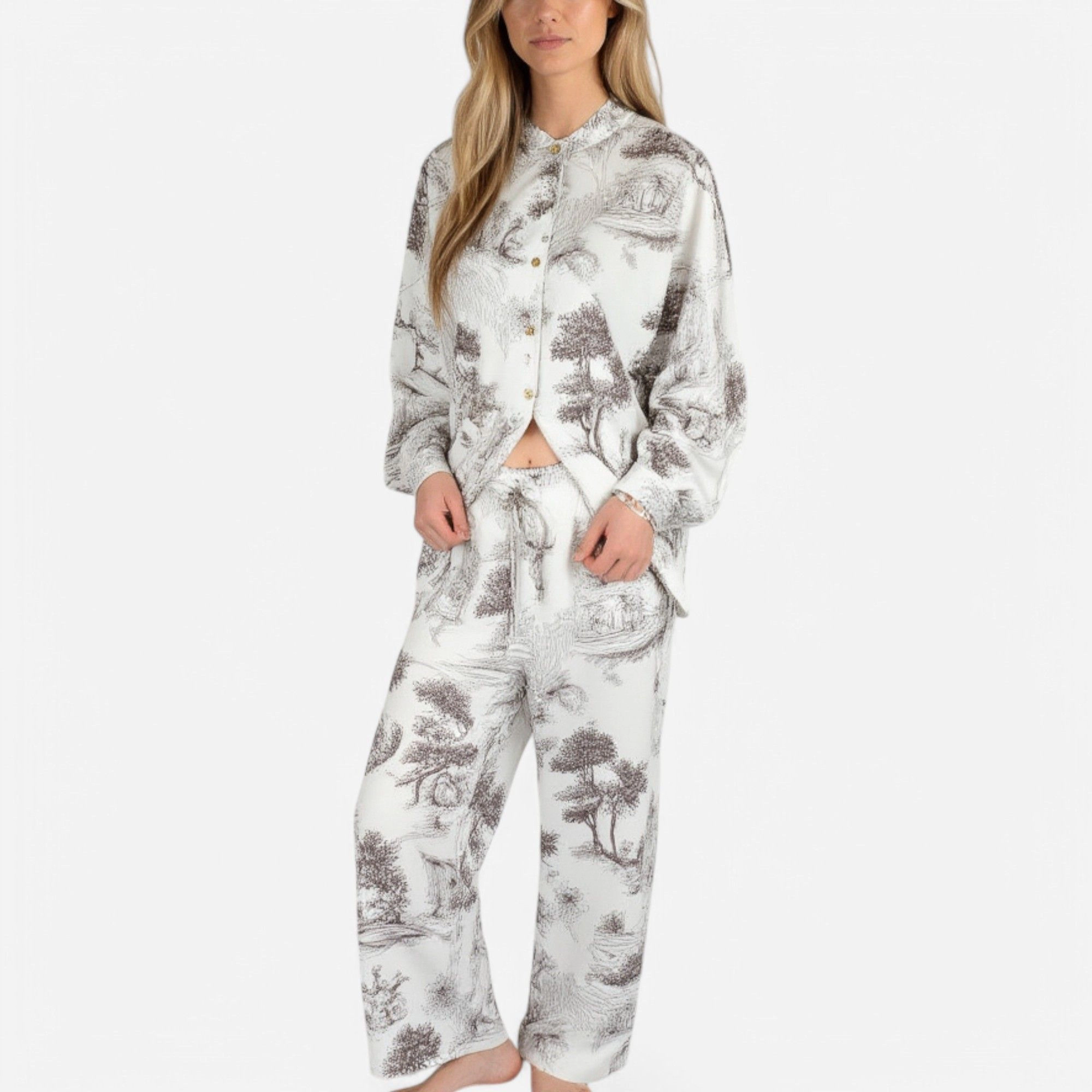 Anna-Kaci Women's Toile Print Button Up Pajama Set with Long Sleeve Top and Elastic Waist Drawstring Pants