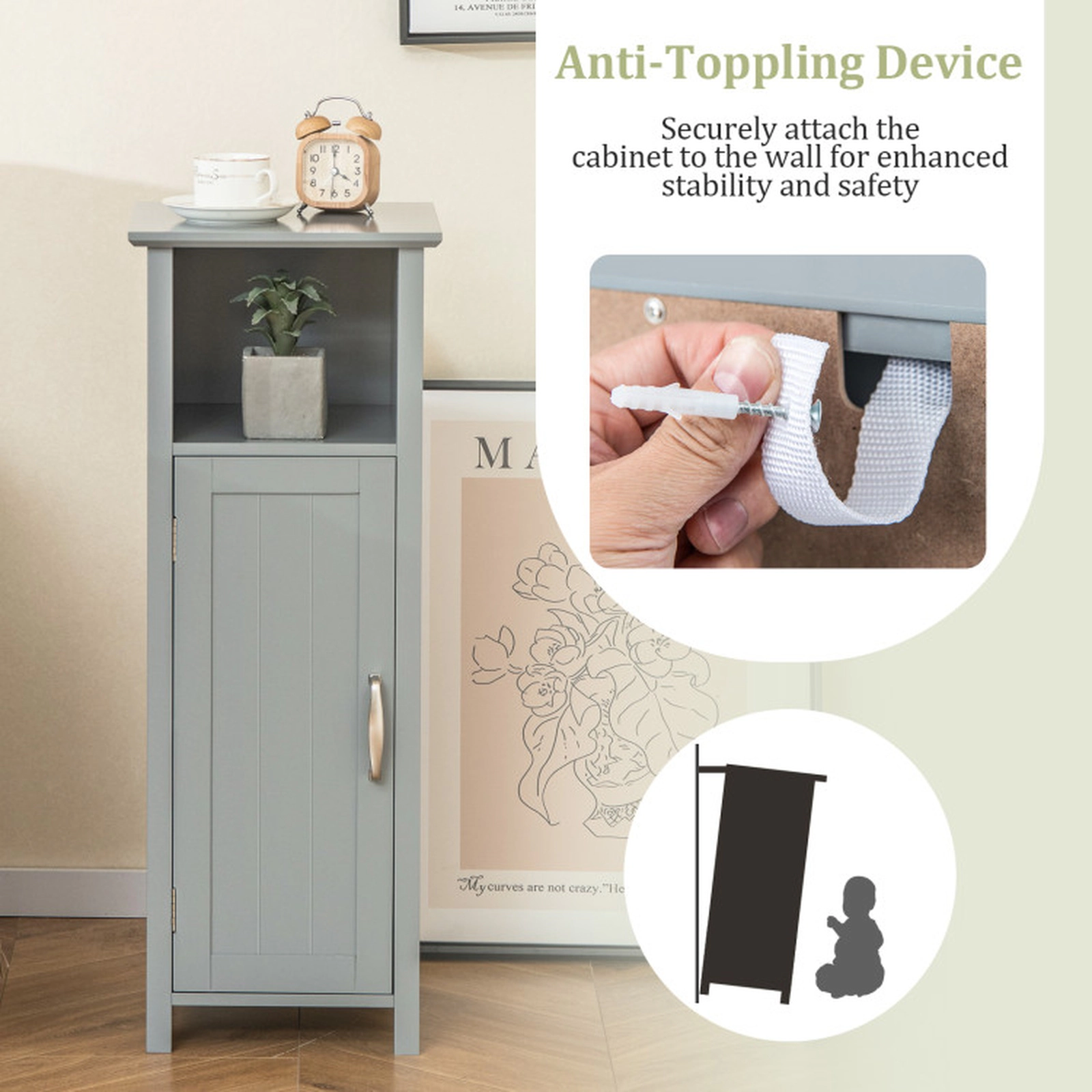 SUGIFT Waterproof MDF Bathroom Storage Cabinet with Open Shelf 66-lb Top Capacity 2-Tier Interior Gray
