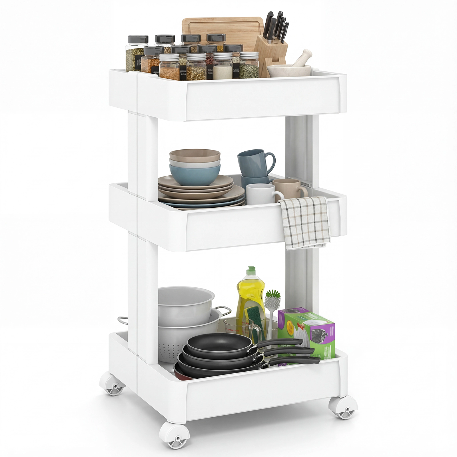 SUGIFT 3-Tier Rolling Utility Cart with Detachable Ventilated Trays 80-lb Capacity Smooth Wheels White
