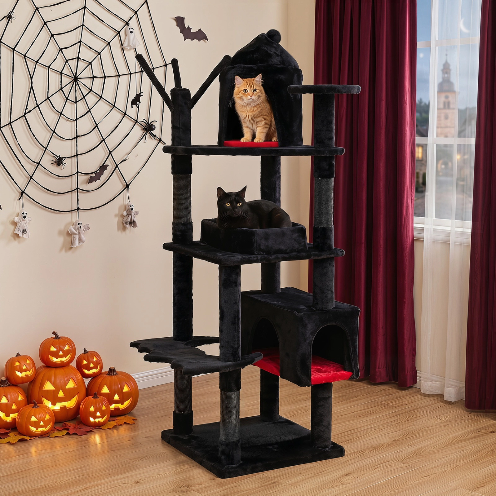 SUGIFT 70 in Gothic Cat Tree Black and Red with Castle Condo Coffin Bed and Anti-Tipping Kit