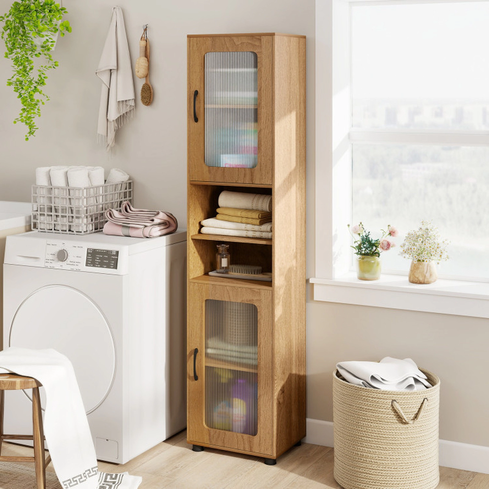SUGIFT Tall Fluted Translucent Doors Open Compartments Bathroom Cabinet 16-in x 12-in x 67-in 155-lb Capacity Natural