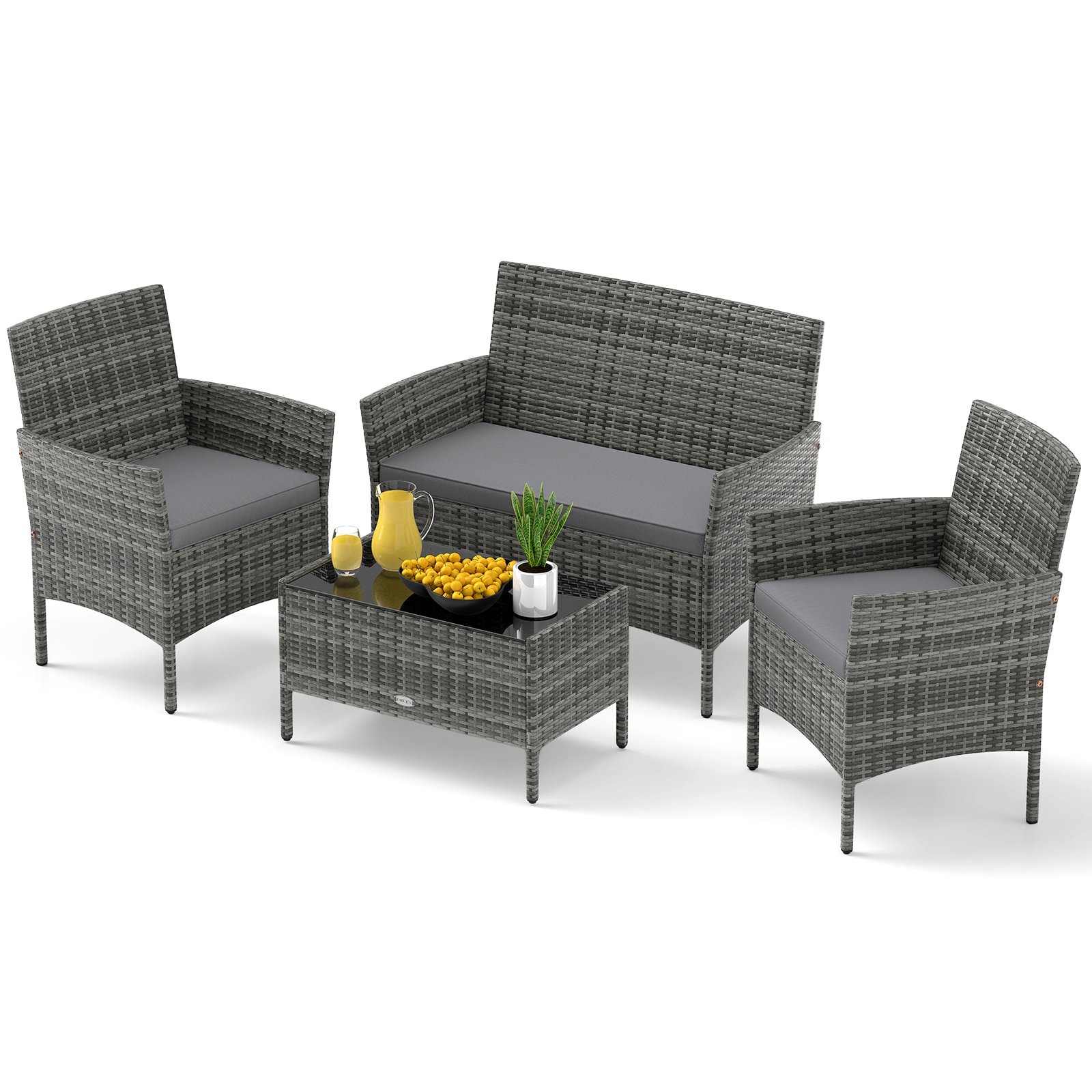SUGIFT 4-Piece Patio PE Rattan Conversation Set with Tempered Glass Coffee Table 800-lb Loveseat Capacity Mix Gray
