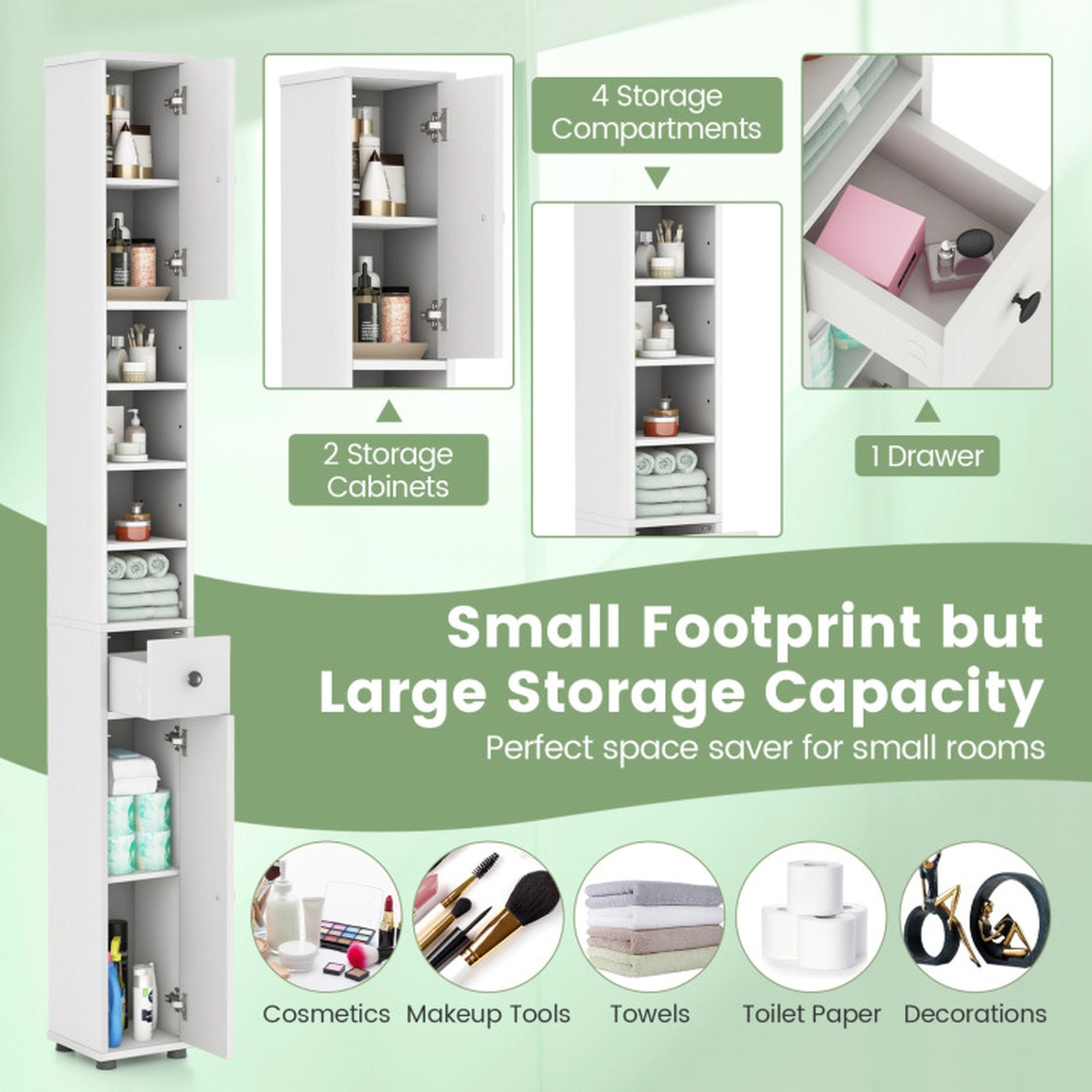 SUGIFT White 110-lb Capacity 8-in Slim Freestanding Bathroom Storage Cabinet with Drawer and 5 Adjustable Shelves