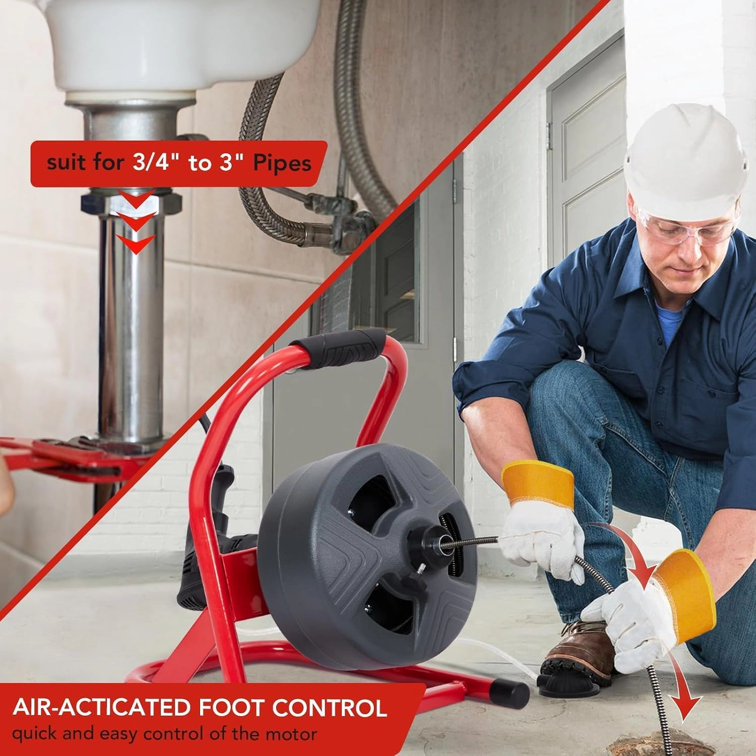 50Ft Electric Drain Cleaner Machine with Foot Switch & 6 Cutters, Sewer Snake for 3/4" to 3" Pipes