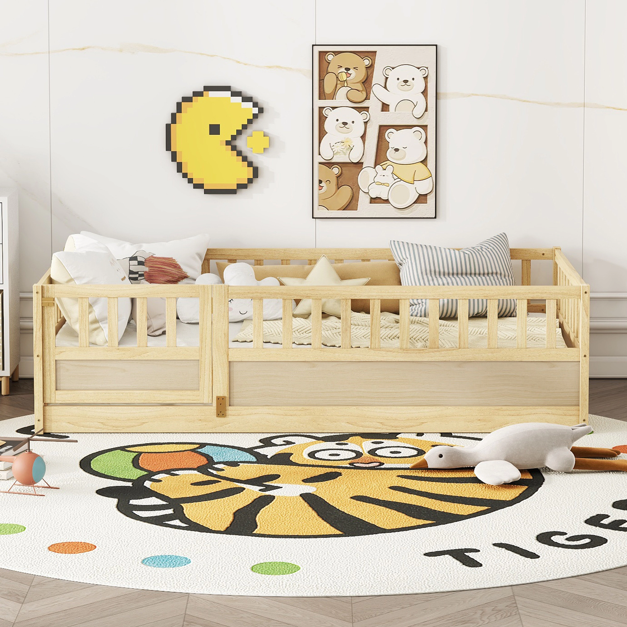 Flynama Twin Montessori Floor Bed, High Safety Barrier & Door, Solid Wood, Natural (Patented)