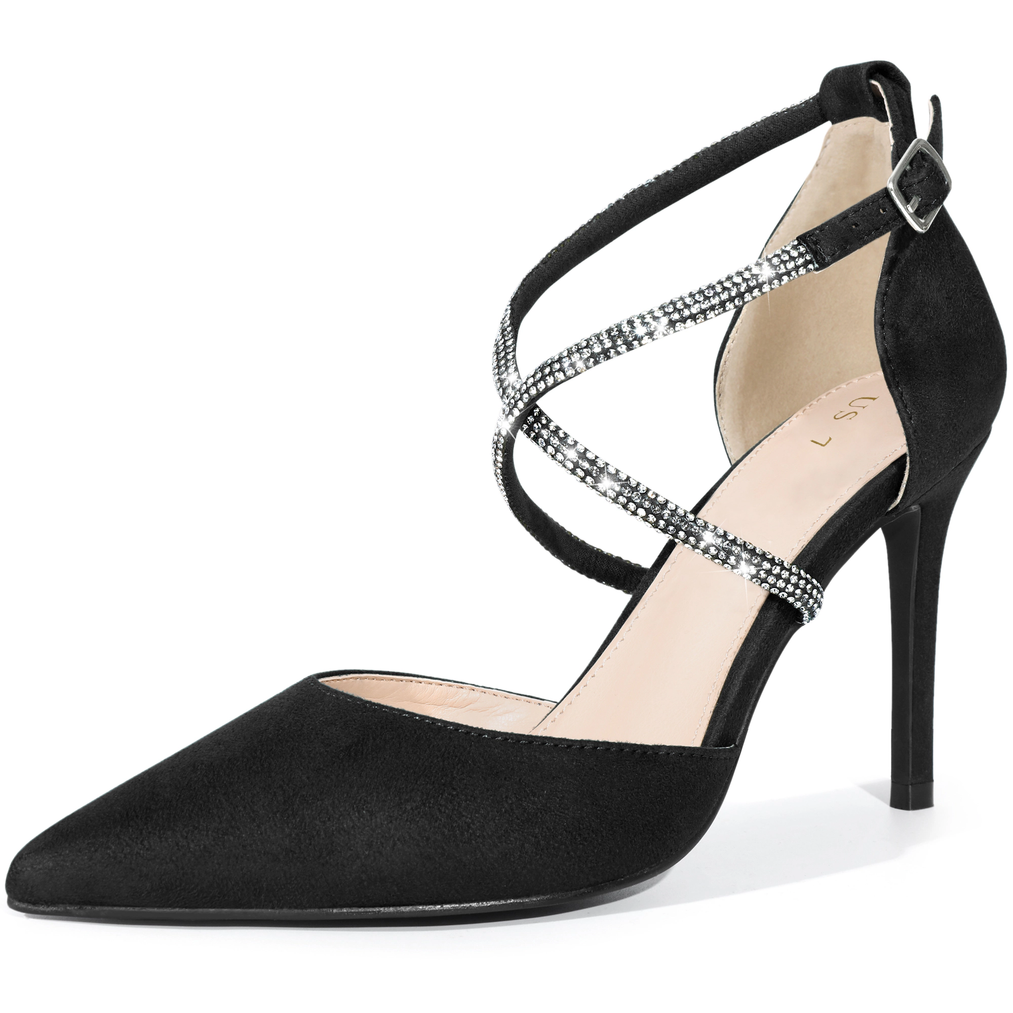 BLISSFUL STEP Pointed Toe Crisscross Rhinestone Ankle Strap Stiletto Heel Pumps