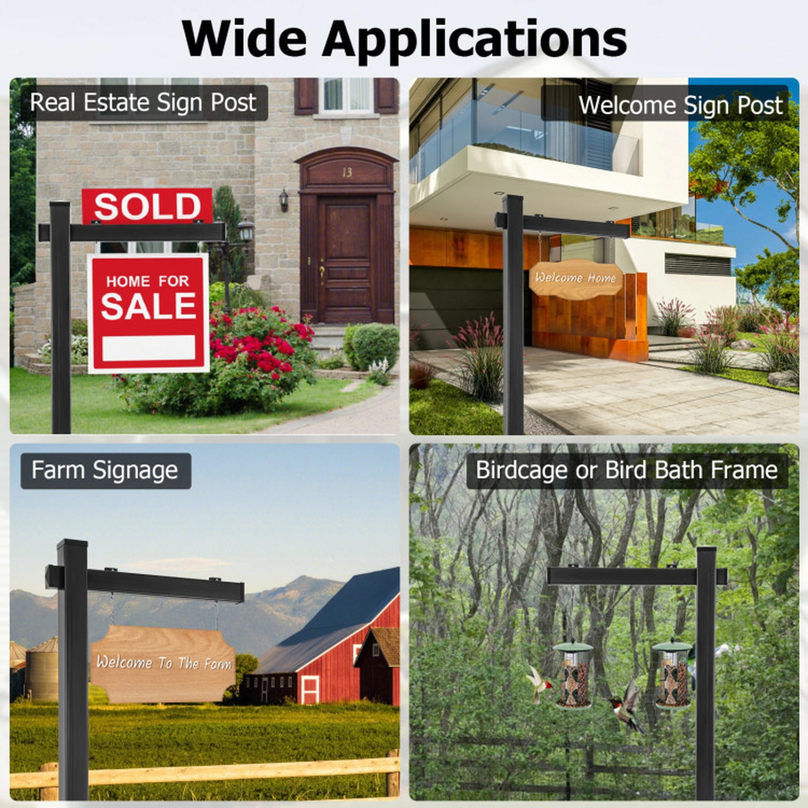 SUGIFT Set of 2 6-Foot UPVC Real Estate Realtor Yard Sign Posts with 72-in Post 36-in Arm and Rider Capacity Black