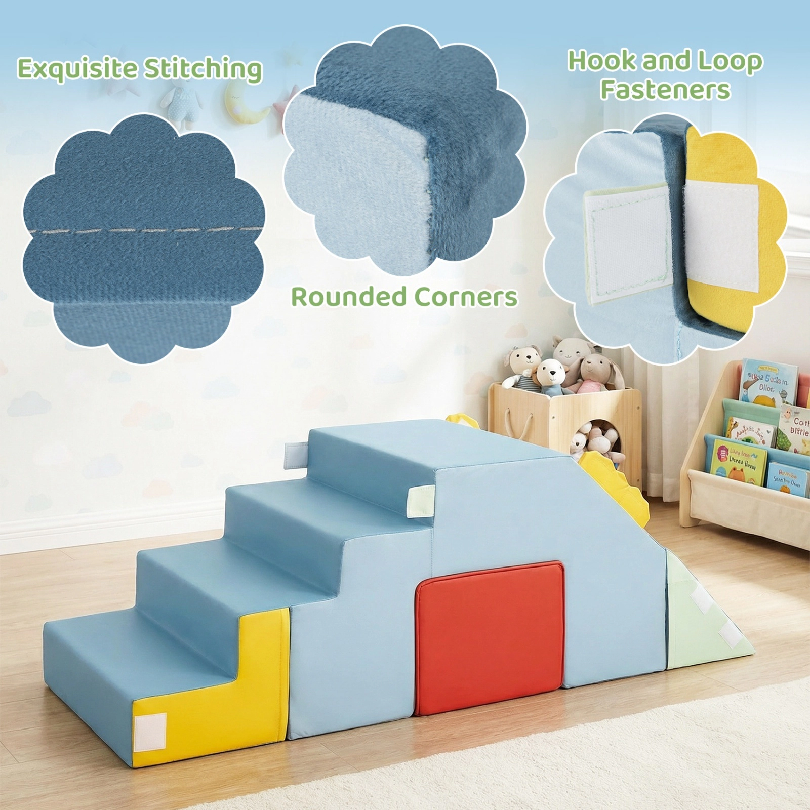 Kids Soft Foam Play Blocks Convertible Slide Crawl Tunnel Table Chair Set Machine-Washable Velvet Covers Ages 1+ Blue