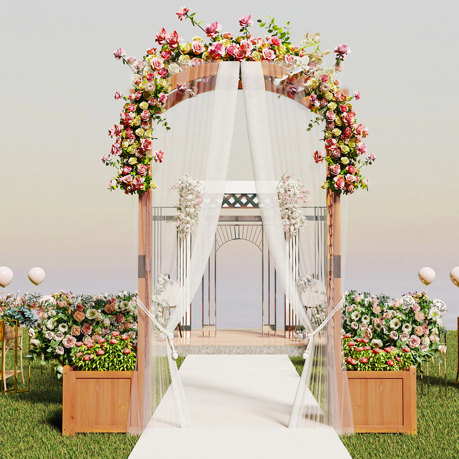 SUGIFT Orange Wooden Garden Arbor with 2 Planter Boxes and Side Trellises 73-in W 18-in D 79-in H 40-in Passage W