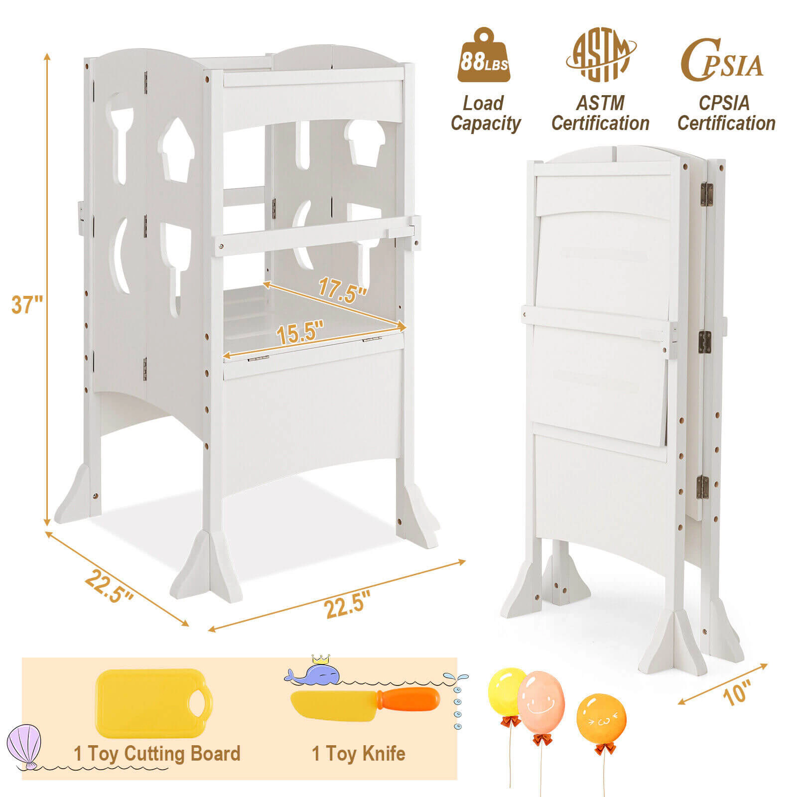 SUGIFT White Lockable Safety Rail for Age 3 and Up Folding Wooden Kids Step Stool