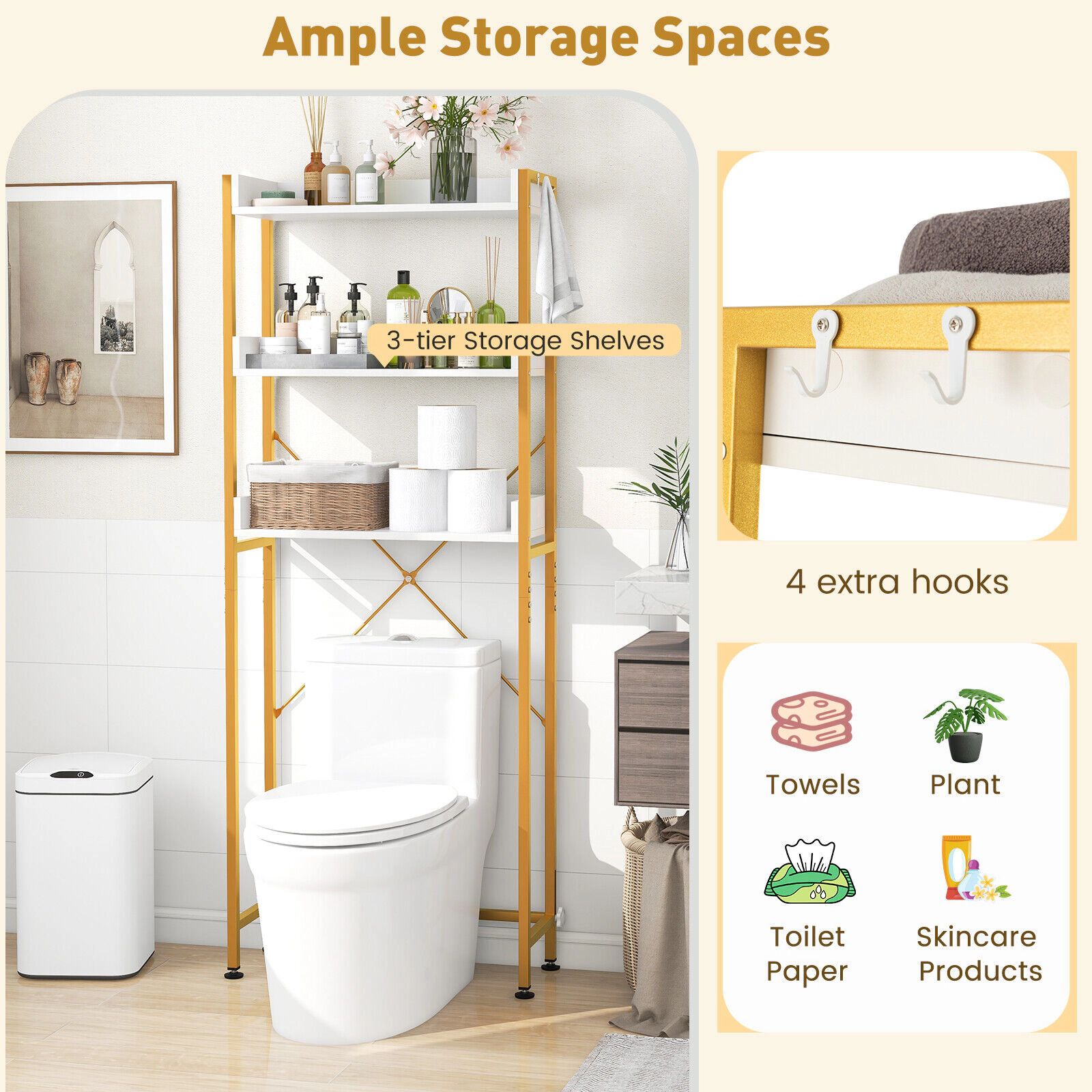 SUGIFT Over the Toilet Storage Rack White with 4 Side Hooks and Adjustable Bottom Bar