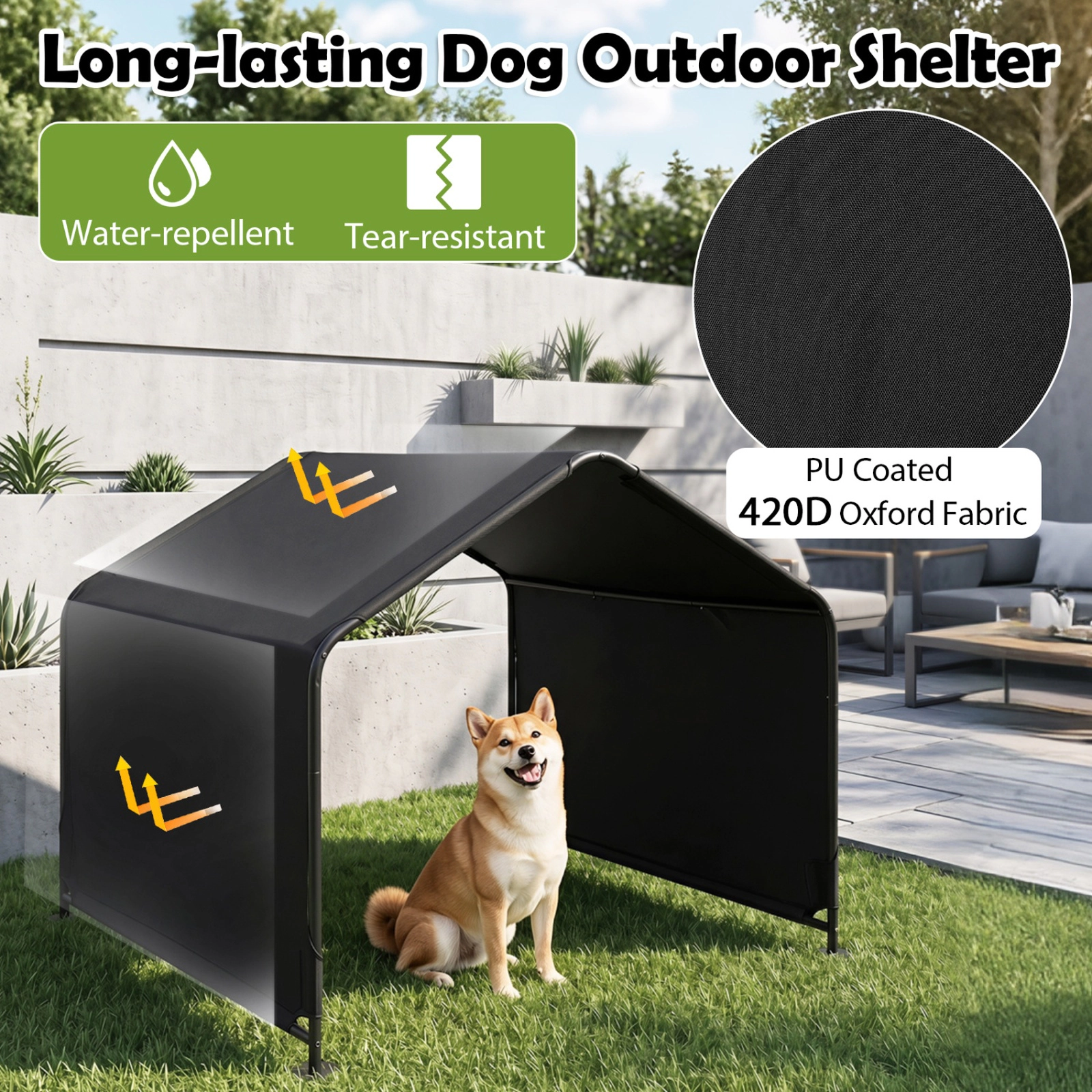 SUGIFT Outdoor Dog Shade Shelter Black with Waterproof Roof and Ground Stakes