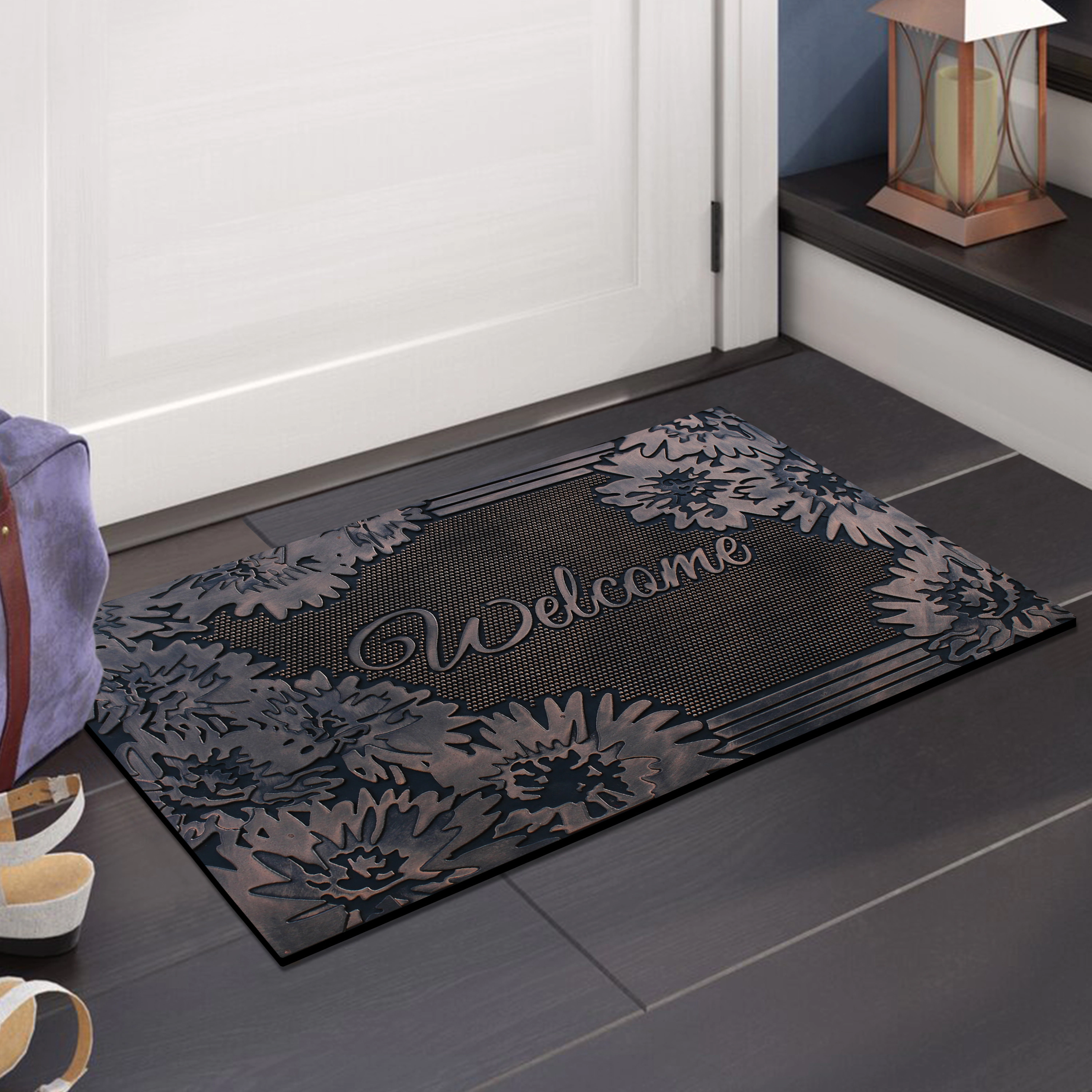 A1 Home Collections Floral Pin Rubber Welcome Doormat Non-Slip Front Door Entry Mat Indoor Outdoor 18 x 30 In