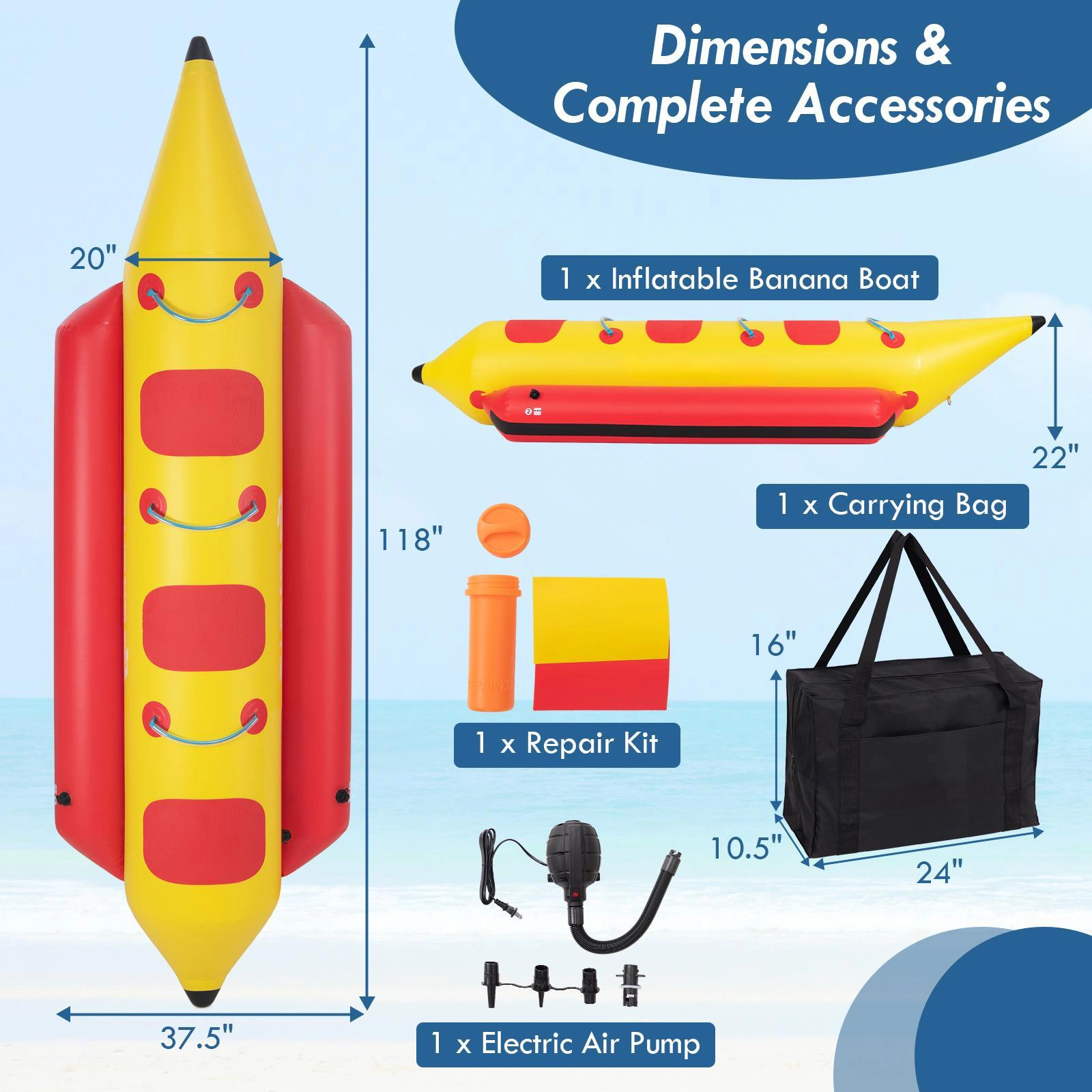 SUGIFT Teen Yellow 3-Person Inflatable Banana Boat with Electric Pump and Carry Bag 118-in W 462-lb Load Capacity