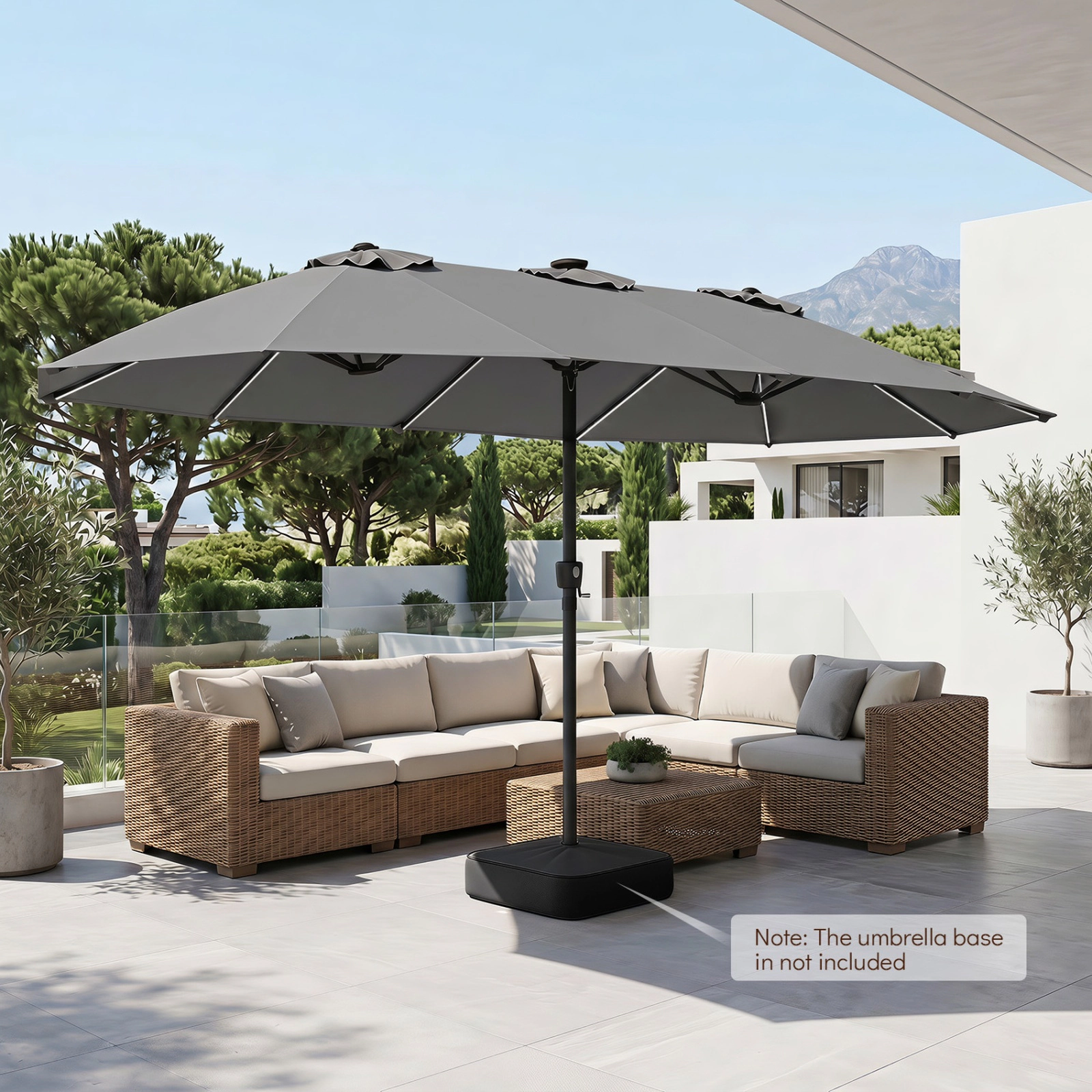 SUGIFT 15.5-ft Gray Rectangular Solar LED Patio Umbrella, 12 Reinforced Ribs, Crank Lift
