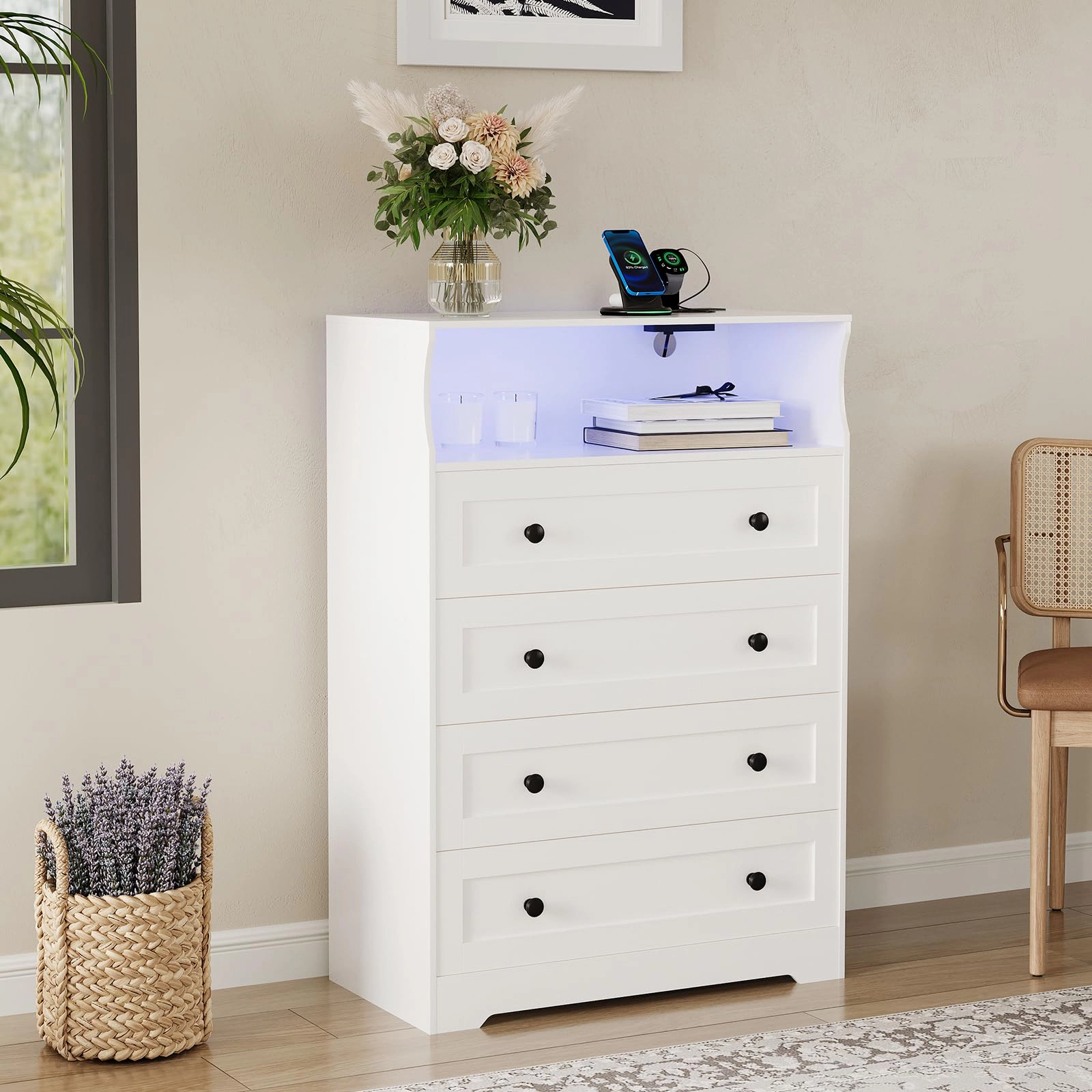 45.2" Tall 4 Drawer Dresser with LED Shelf & Charging Station, Wood Storage Chest