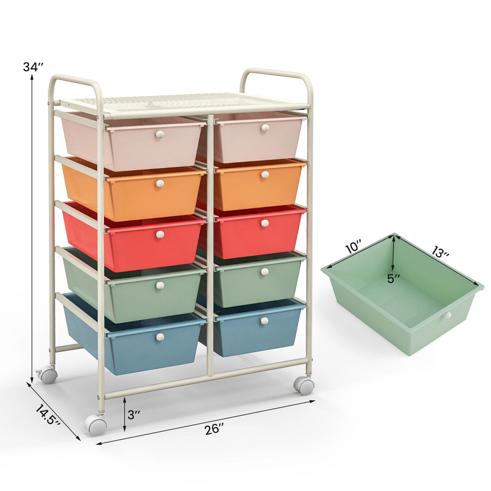 SUGIFT 26-in 10-Drawer Rolling Storage Cart Craft Organizer with 5-in Deep Drawers and Mesh Top Shelf
