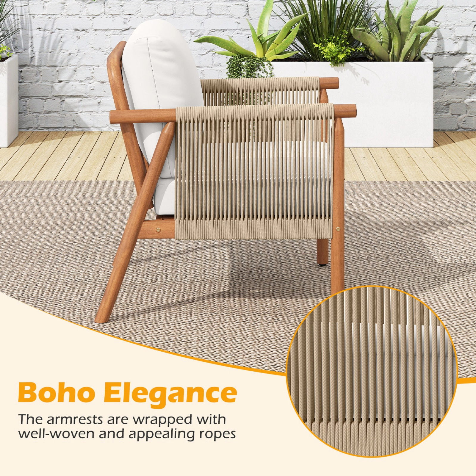 SUGIFT Boho Woven Rope Armrests Dining Chair 400-lb Capacity with Seat and Back Cushions White/Gray