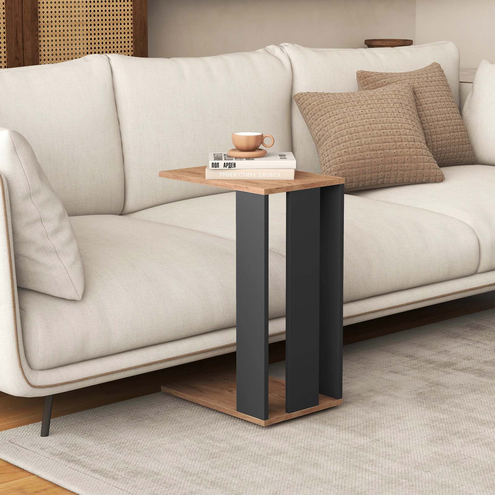 SUGIFT 2-Tier C-Shaped Side Table with Universal Wheels and Shelf 16.5-lb Tabletop Capacity Rustic Brown & Anthracite