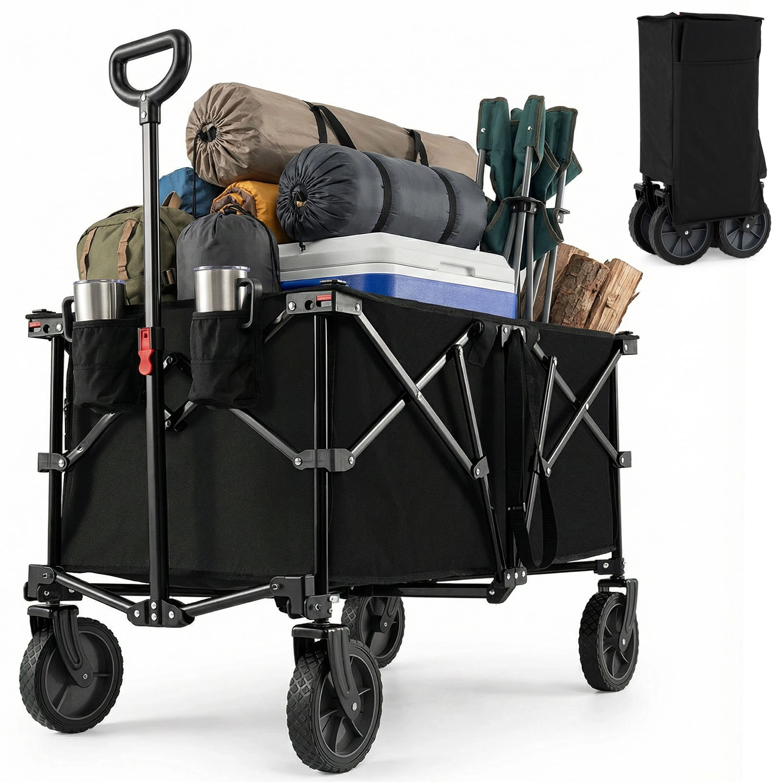 SUGIFT Black 400-lb Capacity Collapsible Foldable Utility Wagon Cart with Zippered Cover and Cup Holders