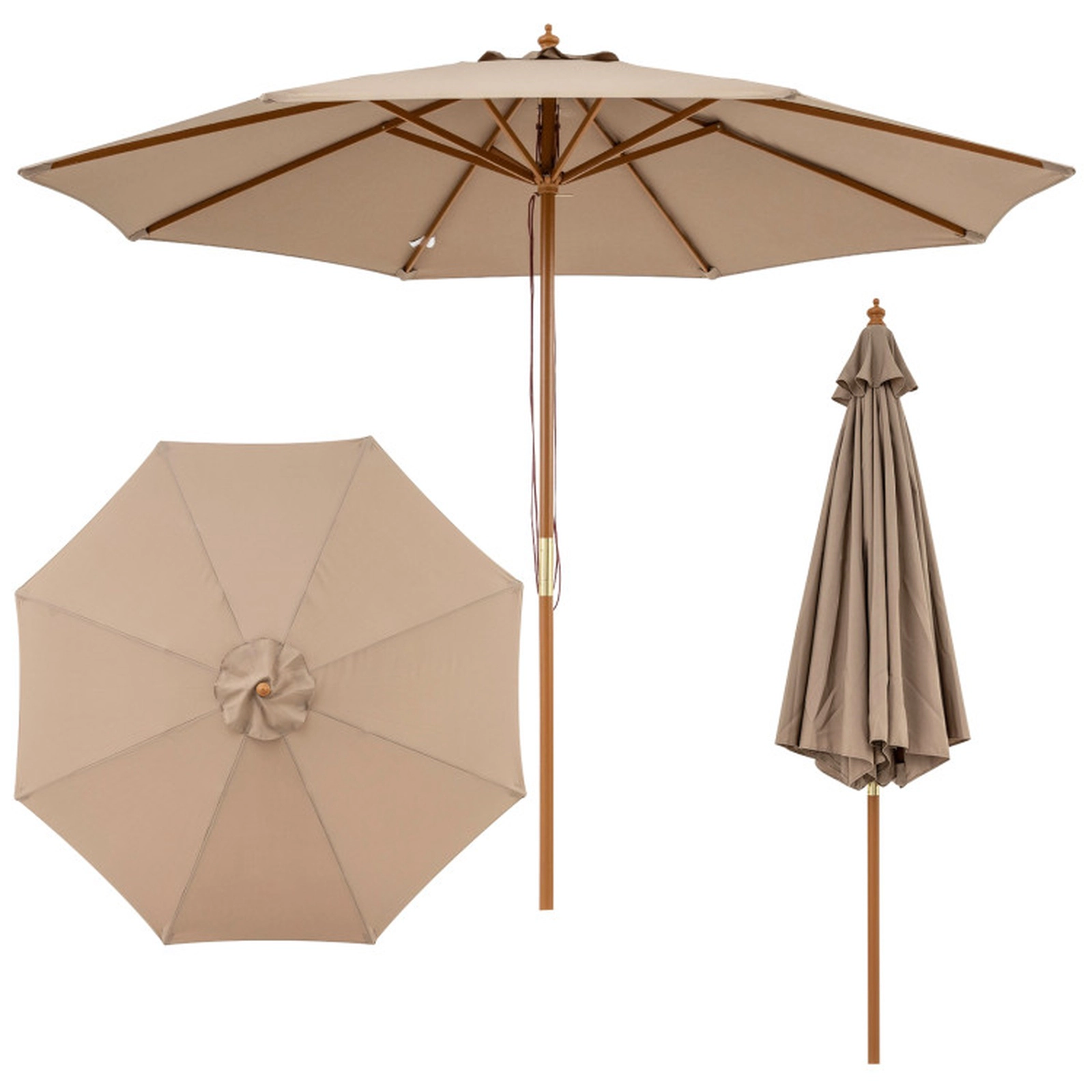 SUGIFT 9-ft Brown Bamboo Market Patio Umbrella, 8-Rib Outdoor Table Umbrella with Air Vent and Safety Latch