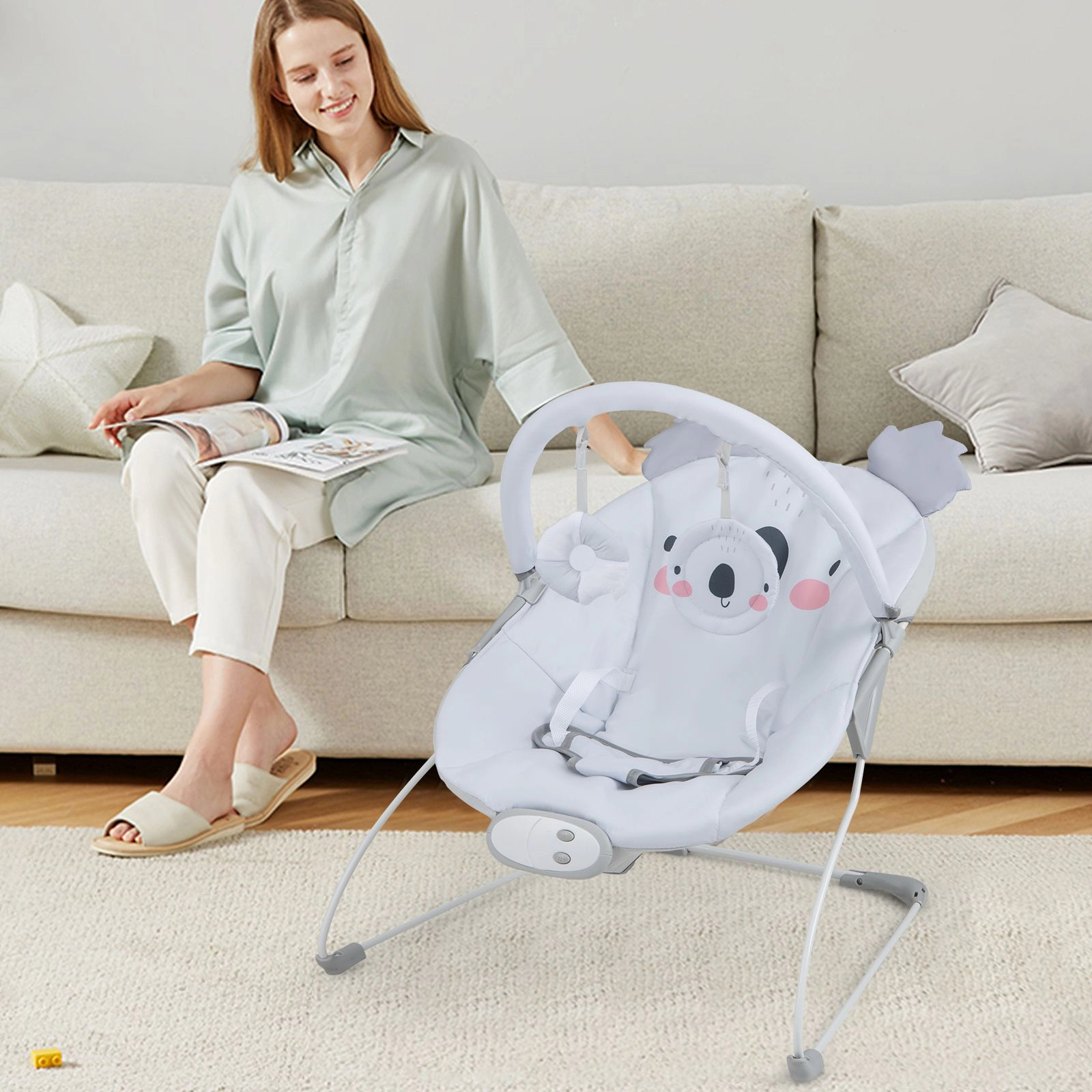 SlickBlue Kids Bouncer with 8 Melodies, 3-Point Harness & Toy Bar