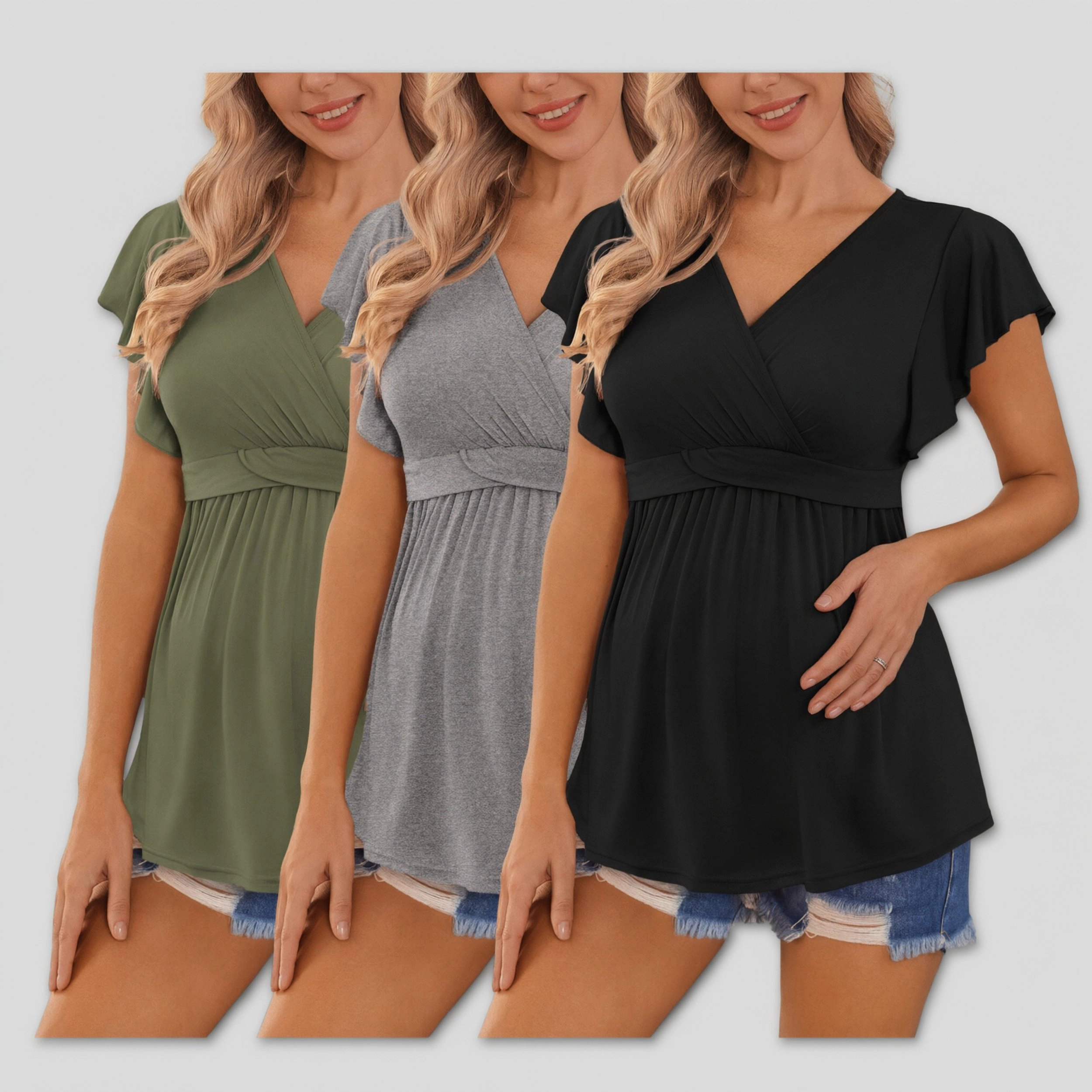 Ekouaer Women's V Neck Flutter Sleeve Wrap Maternity Tunic Blouse