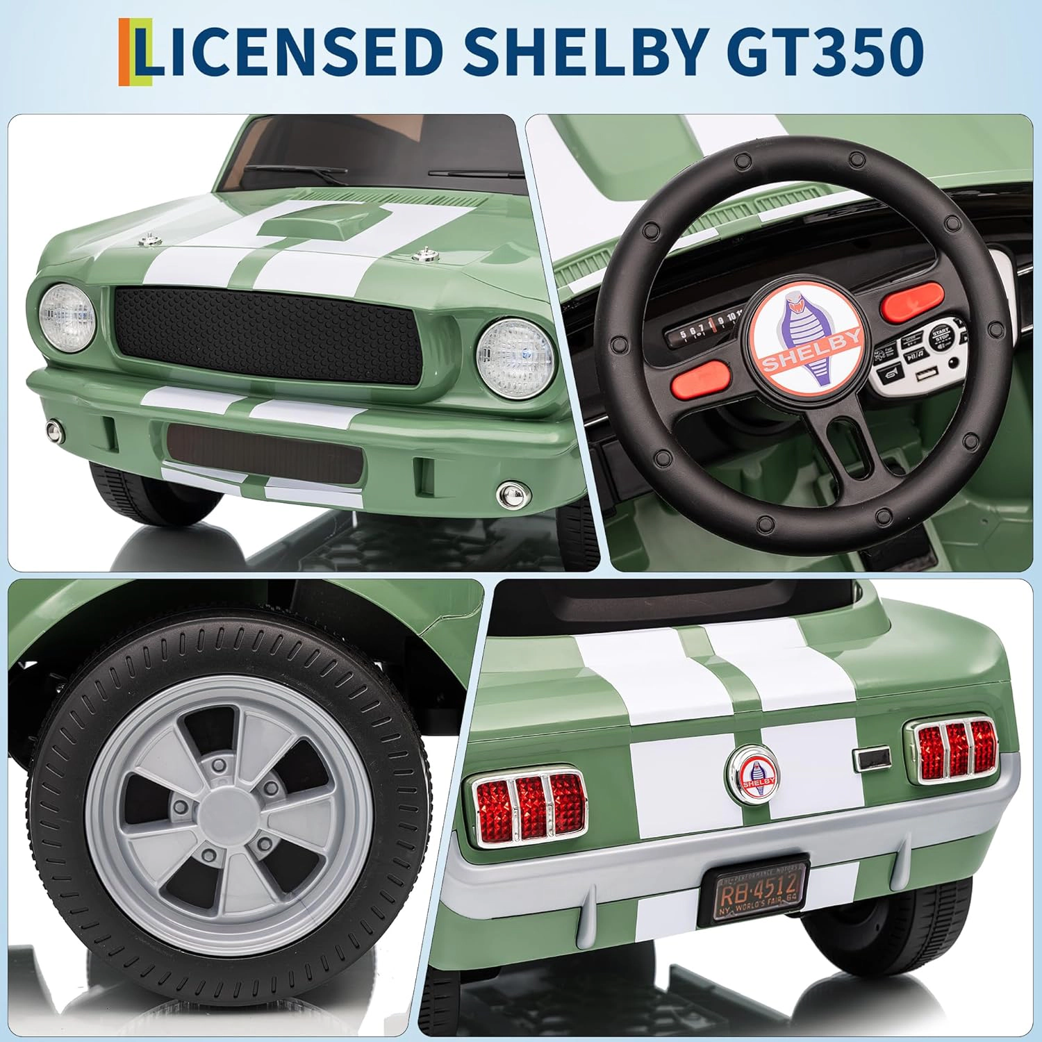 12V Licensed Shelby GT350 Ride On Car, Ford Kids Electric Vehicle with Remote Control, Safety Belt,2 Speeds,LED & Music