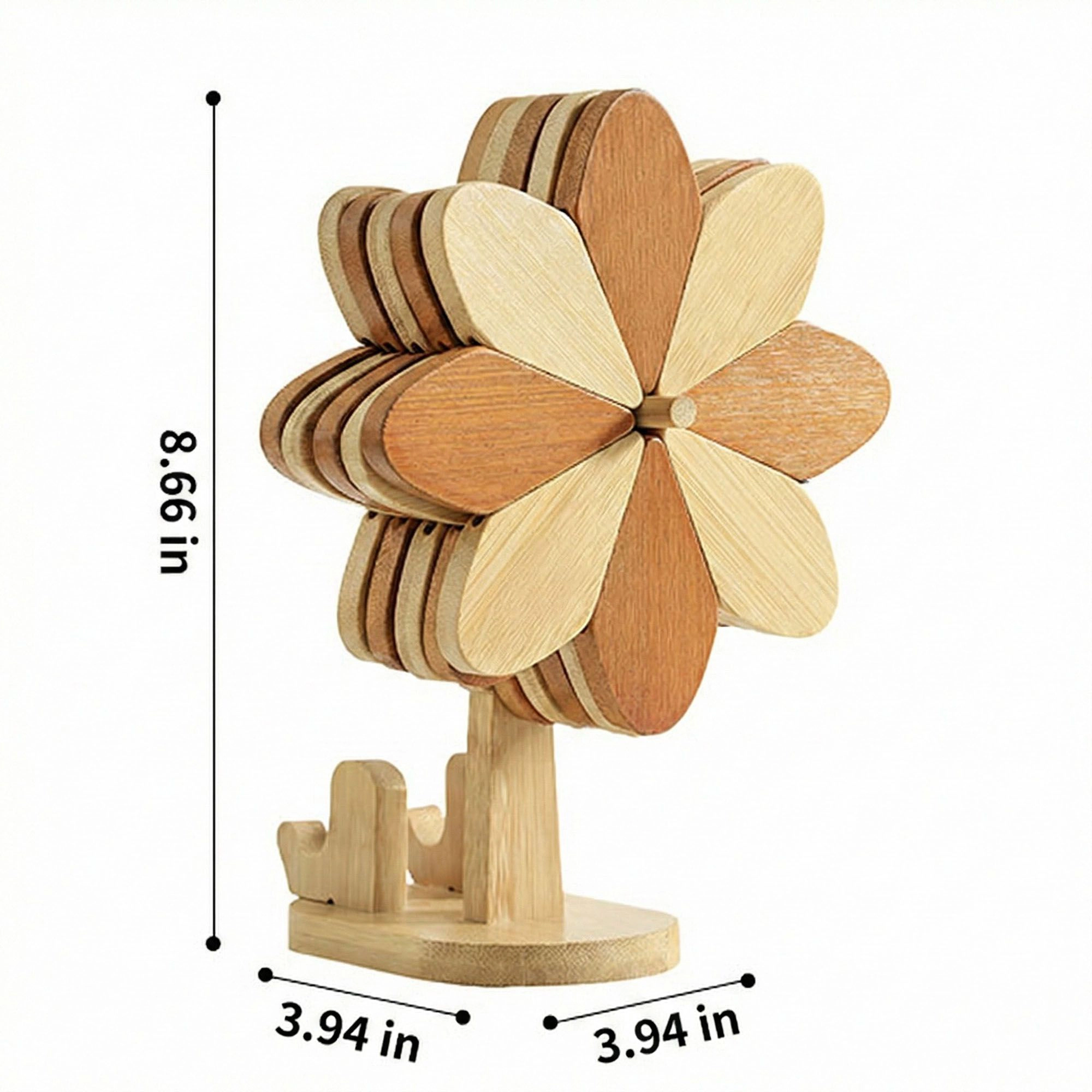 Alilang Unisex Wooden Flower Folding Coaster Set with Holder Stand