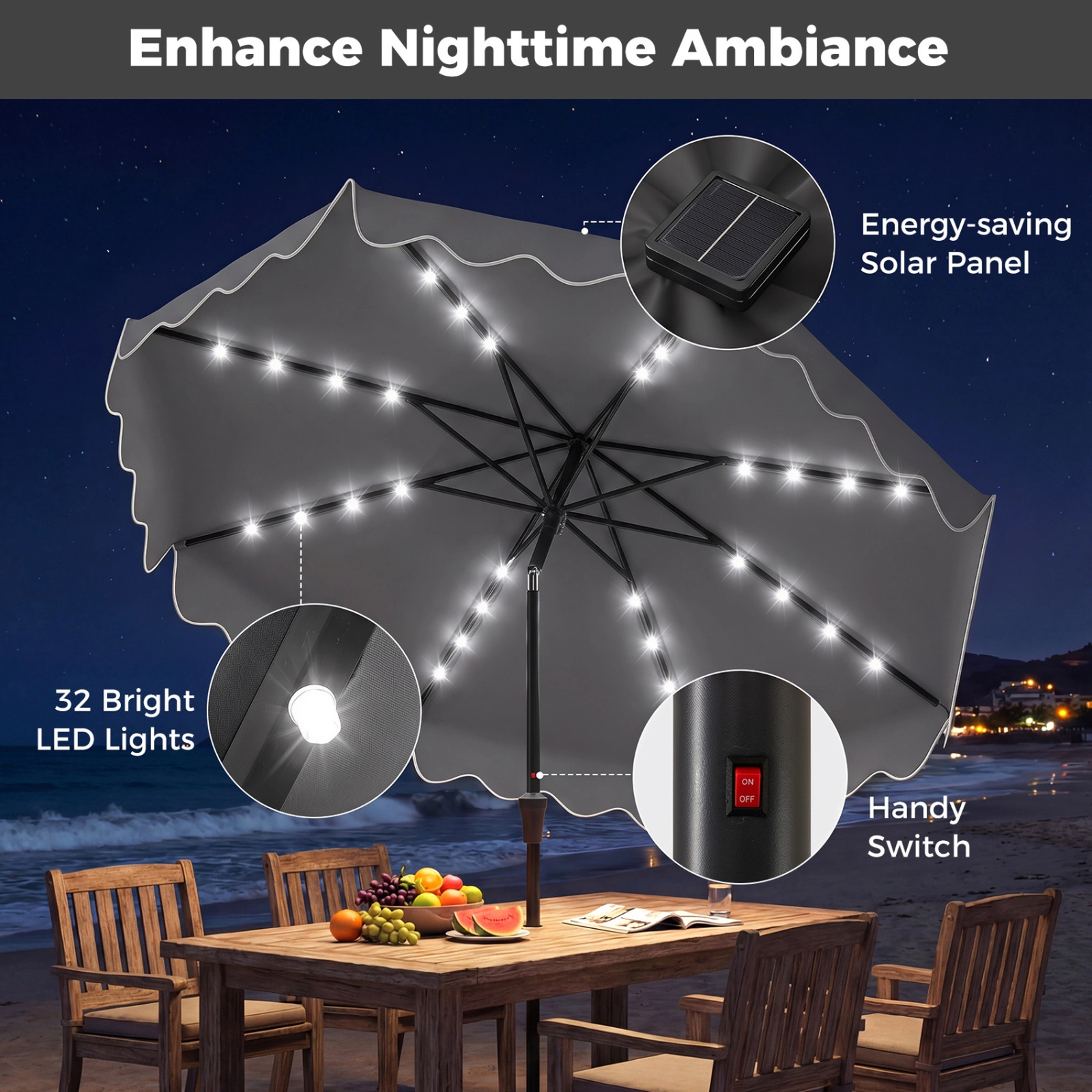 SUGIFT 10-ft Gray Solar LED Patio Umbrella with Weighted Base, Manual Tilt and Crank Lift