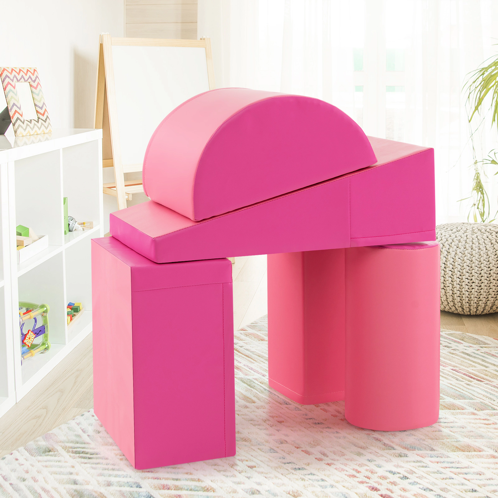 5-Piece Kids Climb and Crawl Activity Playset Foam Blocks Soft Play Set Removable Zippered PU Covers Pink