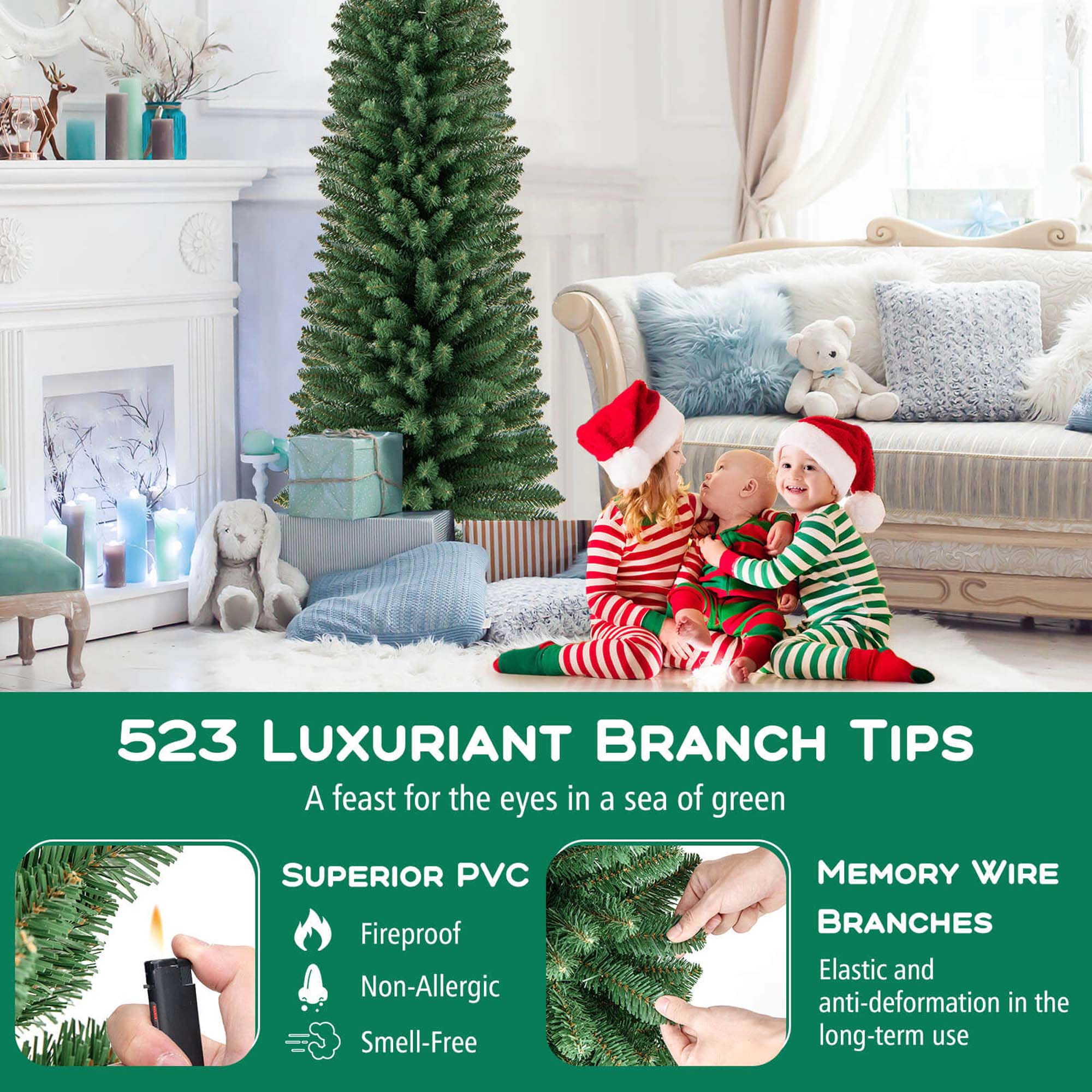 Costway 5/6/7/8 FT Pencil Christmas Tree Artificial Xmas Tree with 523 Memory Wire Branch Tips