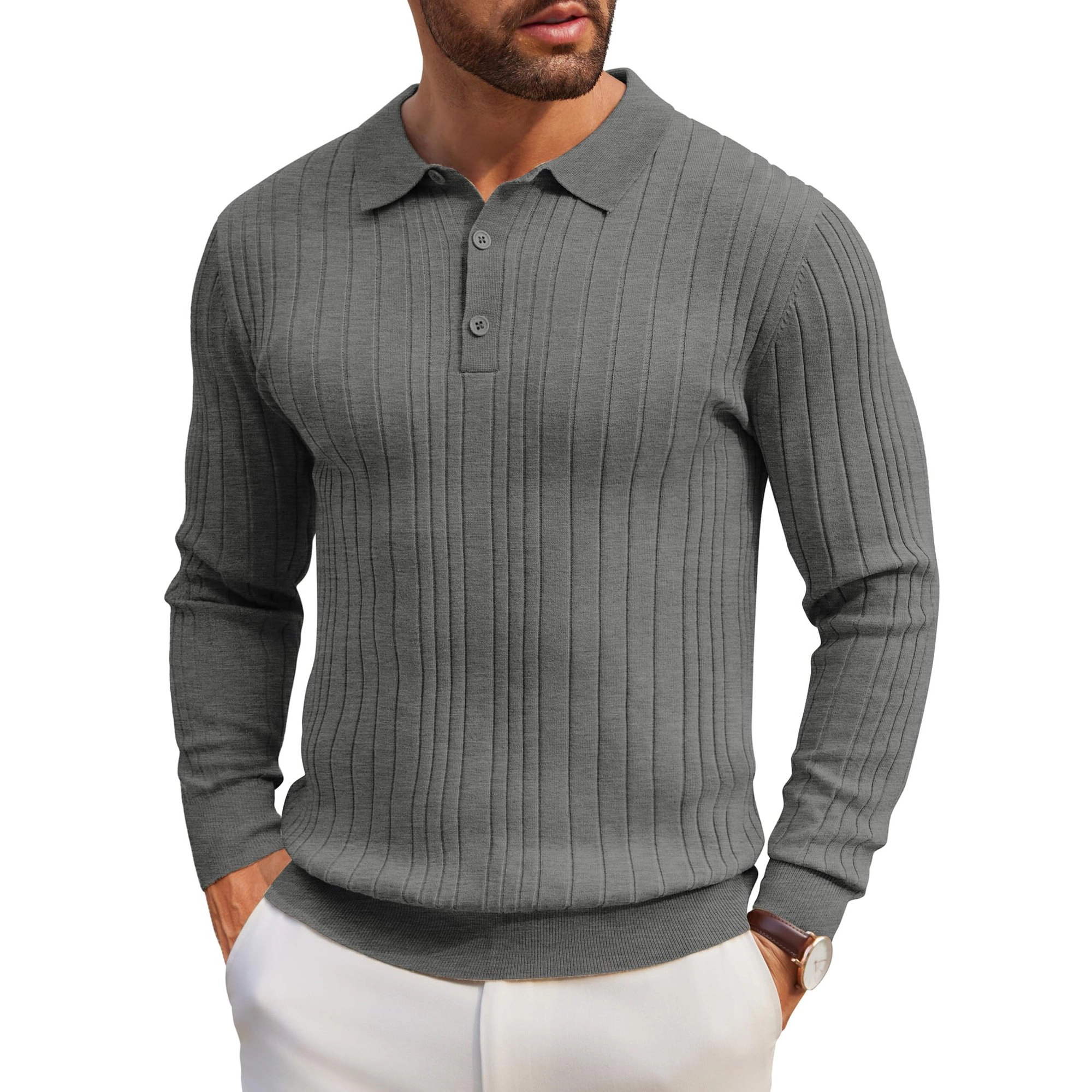 COOFANDY Ribbed Polo Sweater Long Sleeve Button Collar Casual Pullover Tops