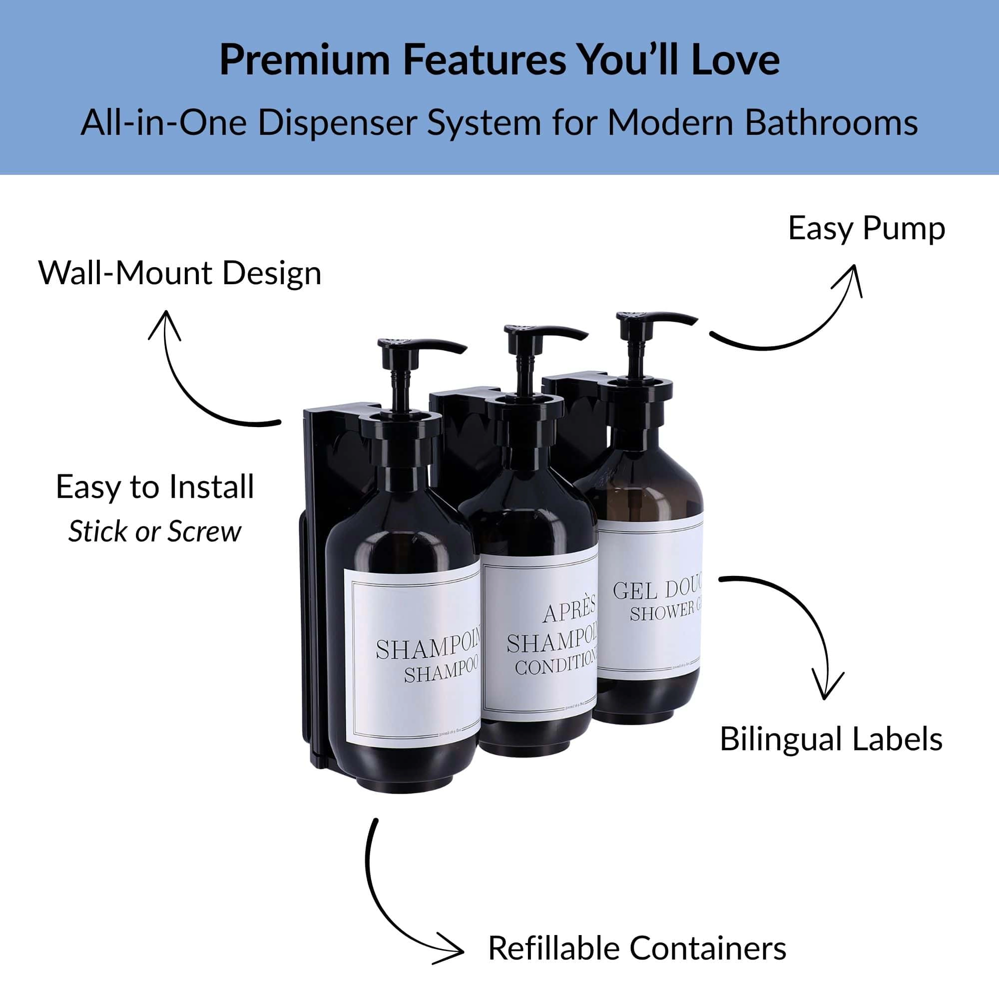 Evideco French Home Goods 3-Pack Matte Black Wall-Mounted Refillable Shower Dispenser