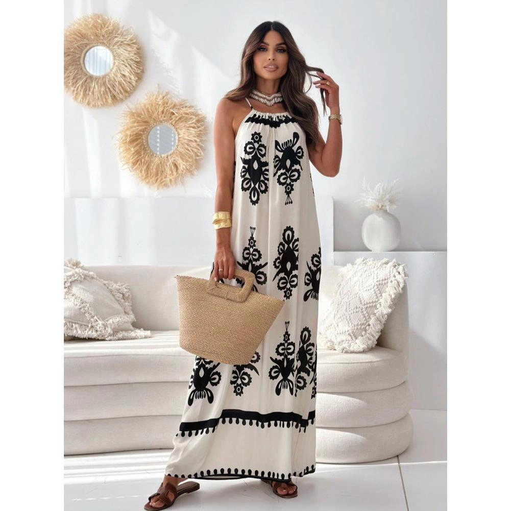 KOJOOIN Women's Maxi Dress Boho Flowy Sundress Sleeveless Long Halter Tie‑Back Vacation Dresses