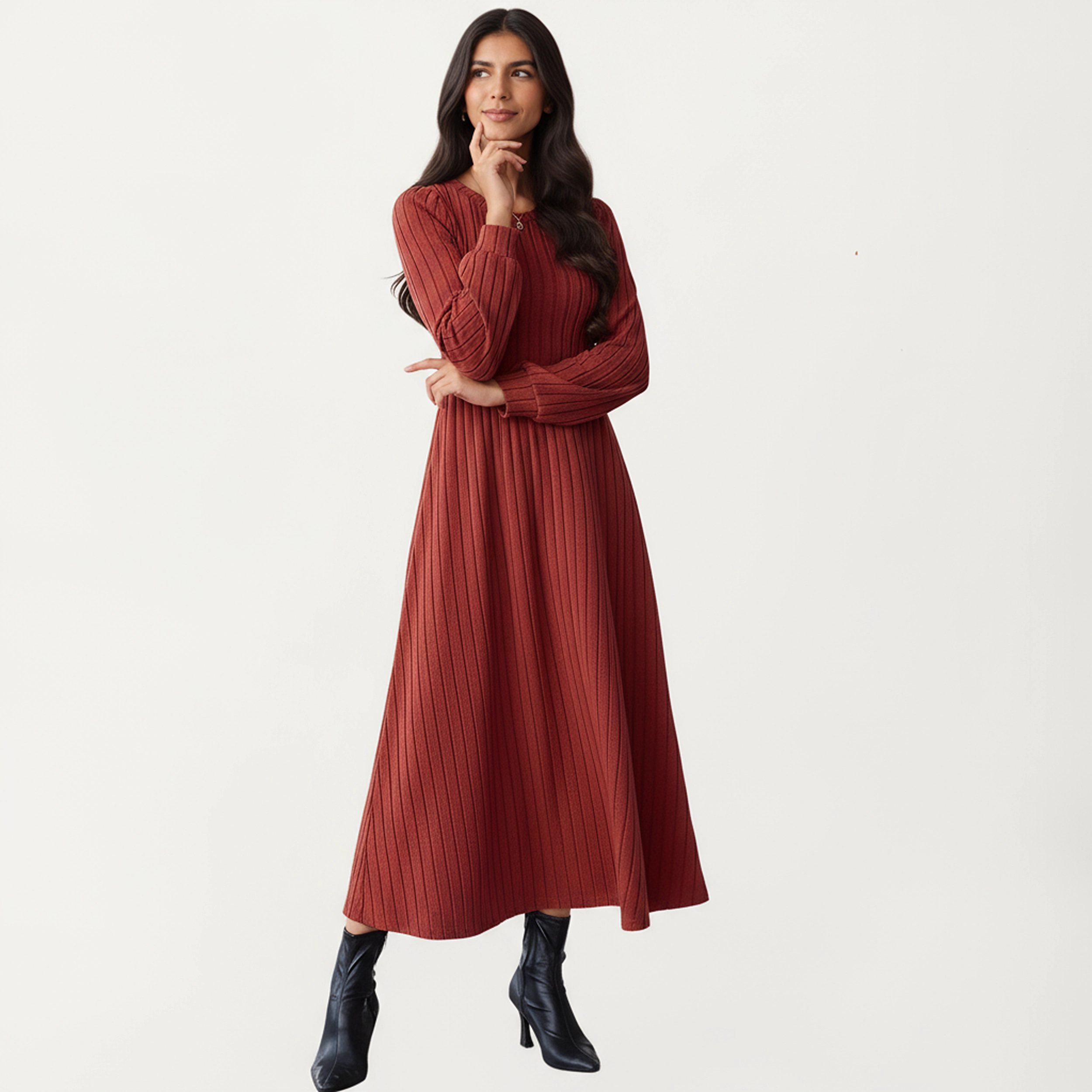 Anna-Kaci Women's Long Sleeve Pleated Fitted Maxi Dress