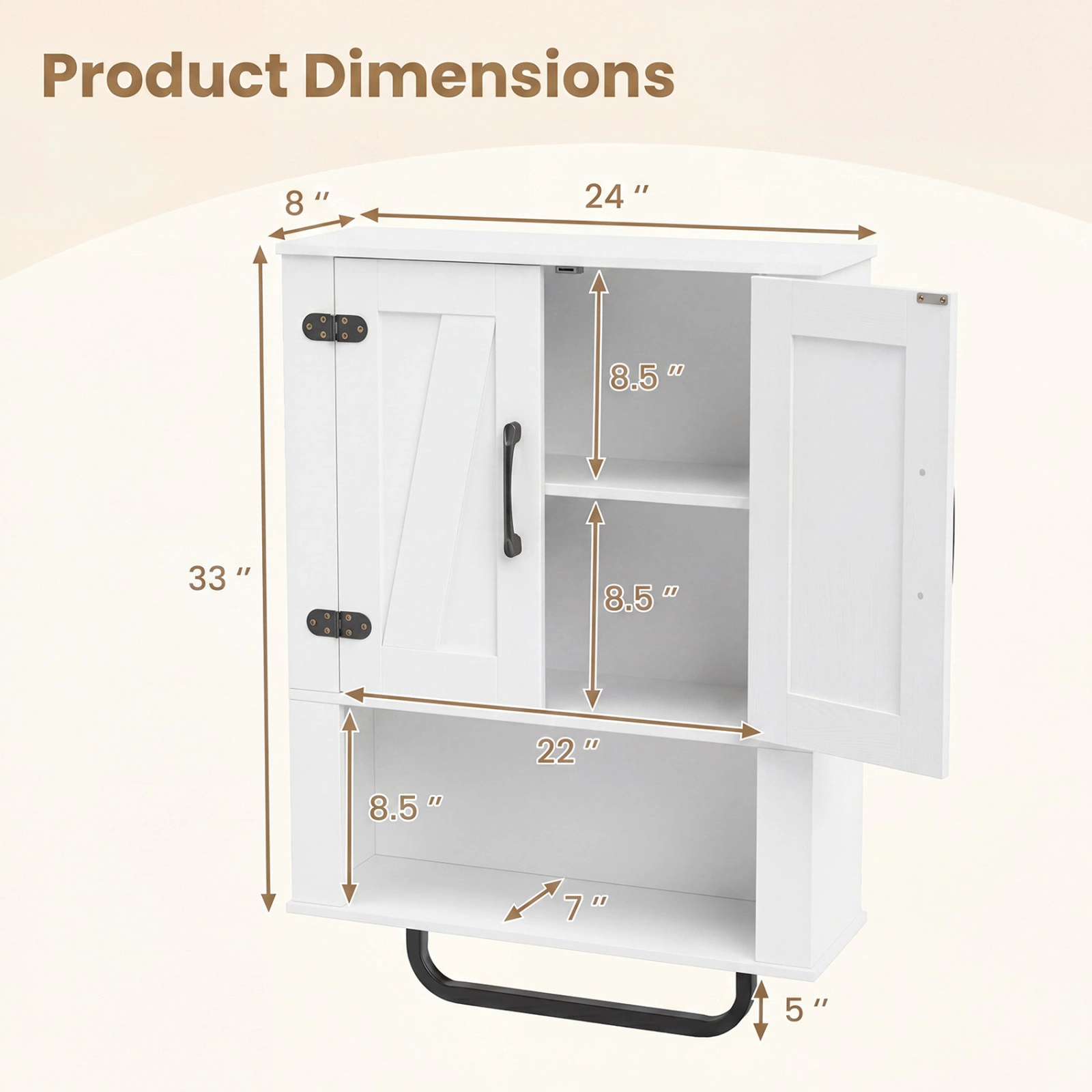 SUGIFT White 11-lb Per Shelf 2-Barn-Door Wall Mounted Bathroom Storage Cabinet with Towel Bar and 3-Tier Shelves