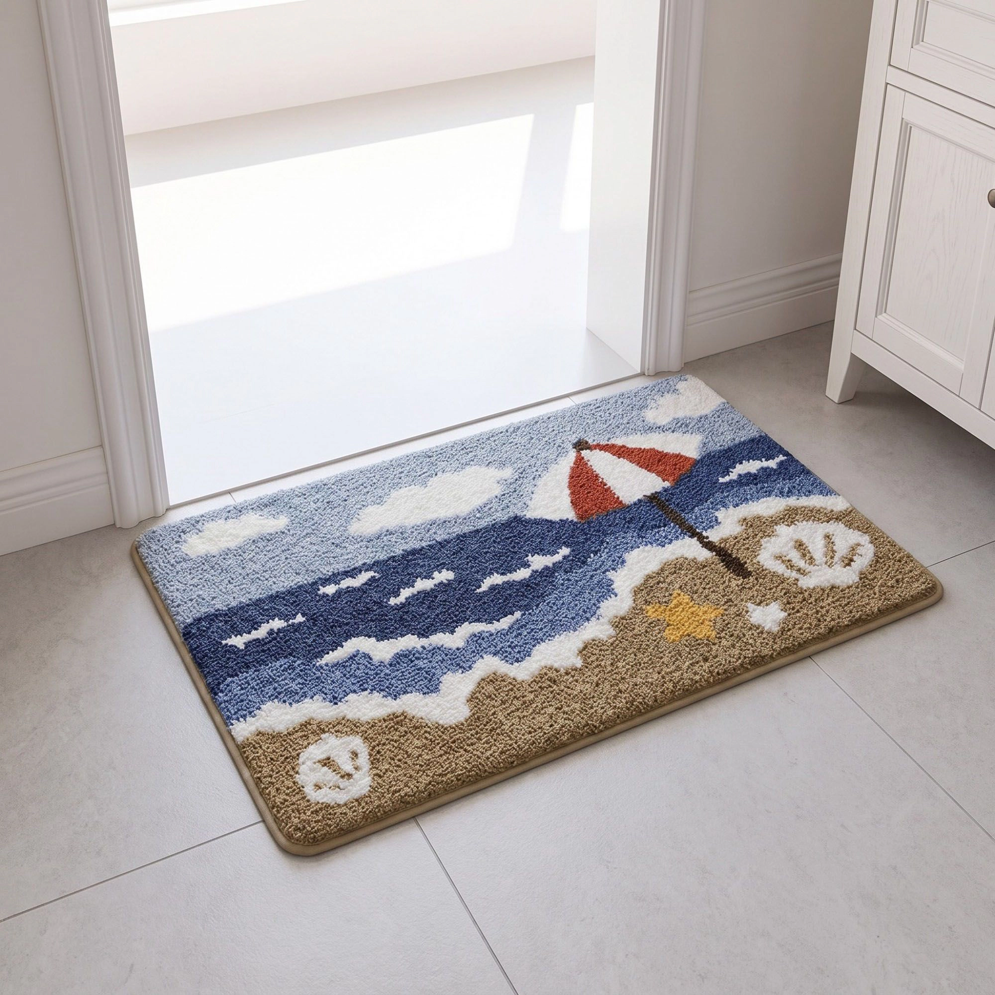 Alilang Unisex Coastal Beach Scene Plush Bathroom Mat with Umbrella and Ocean Wave Design