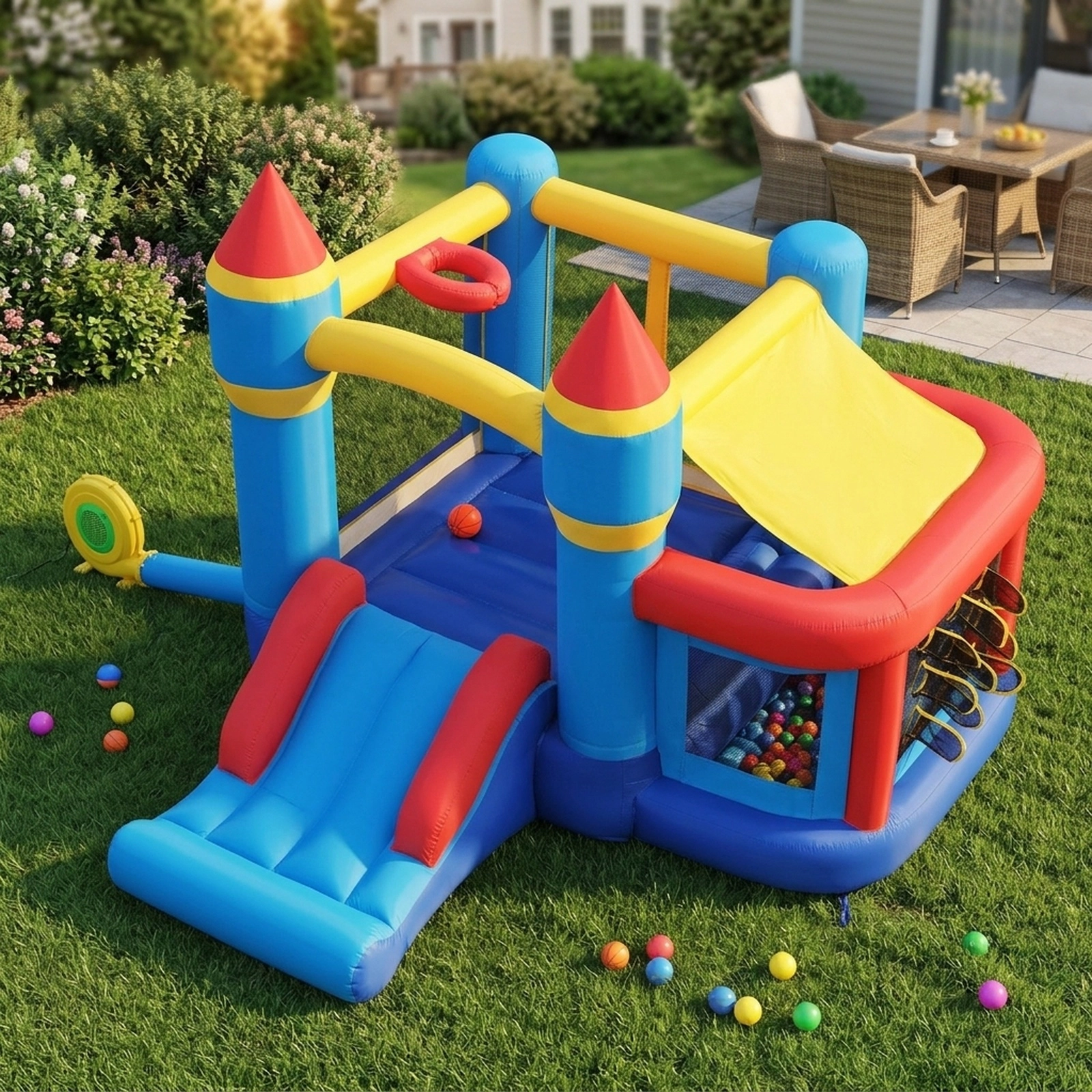 Inflatable Bounce House for Kids with 50 Ocean Balls Football Basketball Rim and 480W Blower for Birthday Party Carnival