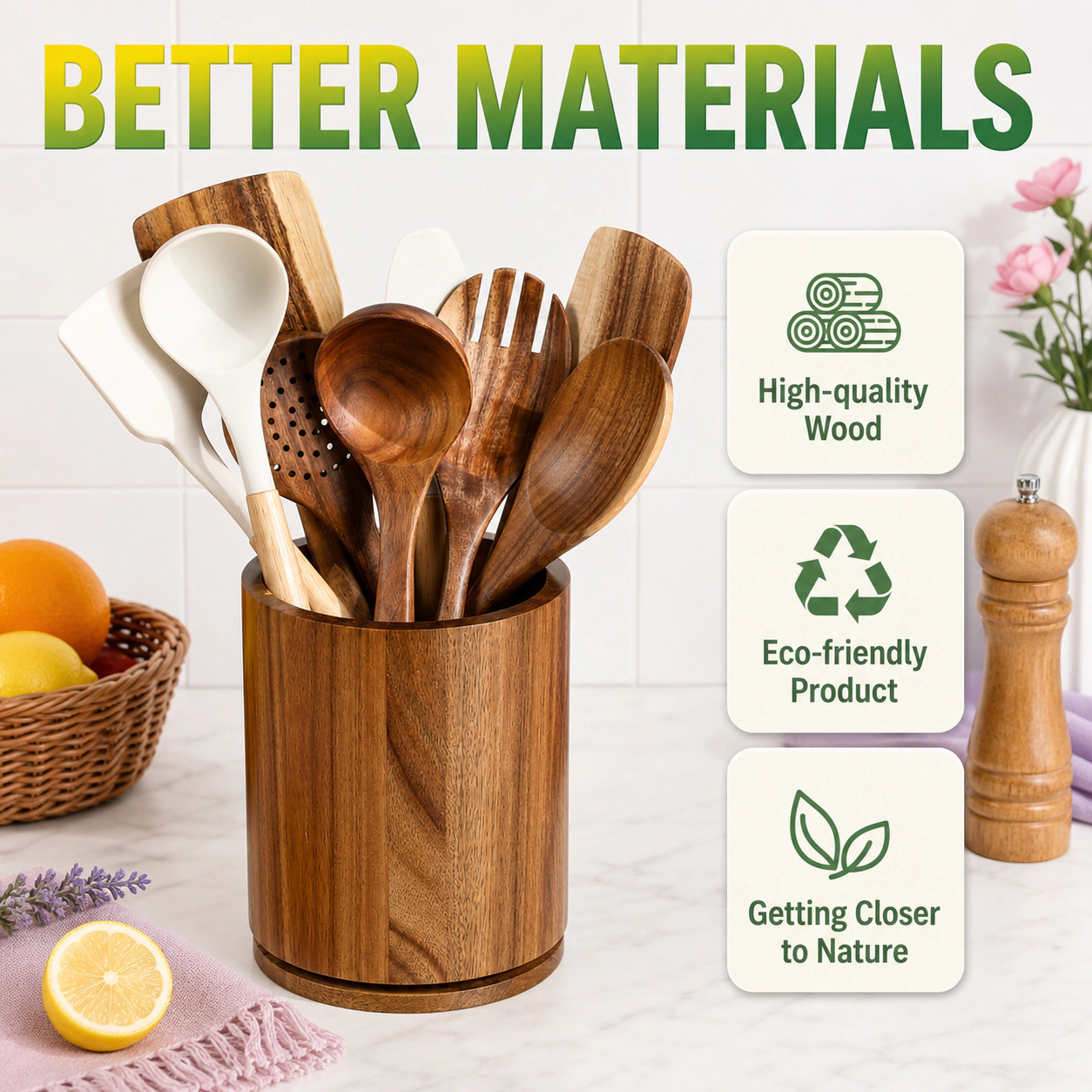 WZK Rustic Farmhouse Wood Rotating Kitchen Utensil Holder