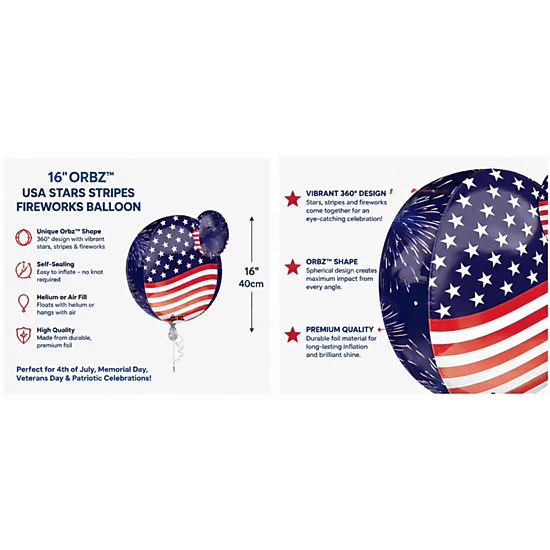 LoonBalloon 16 in Sphere USA Stars Stripes Patriotic Fireworks Balloon ...