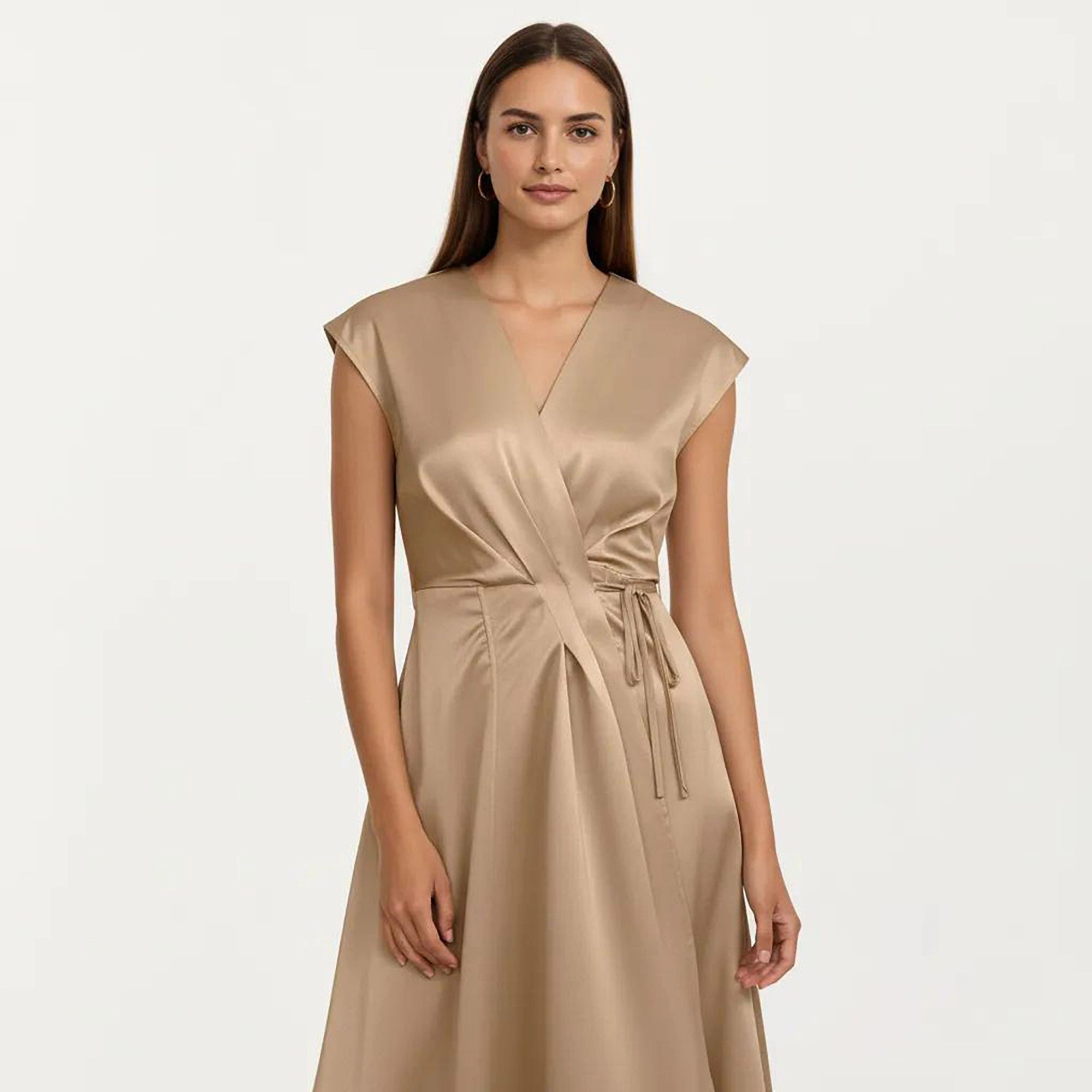 Anna-Kaci Women's Cap Sleeve Wrap V Neck Adjustable Side Tie Fluid Draped Skirt Midi Dress