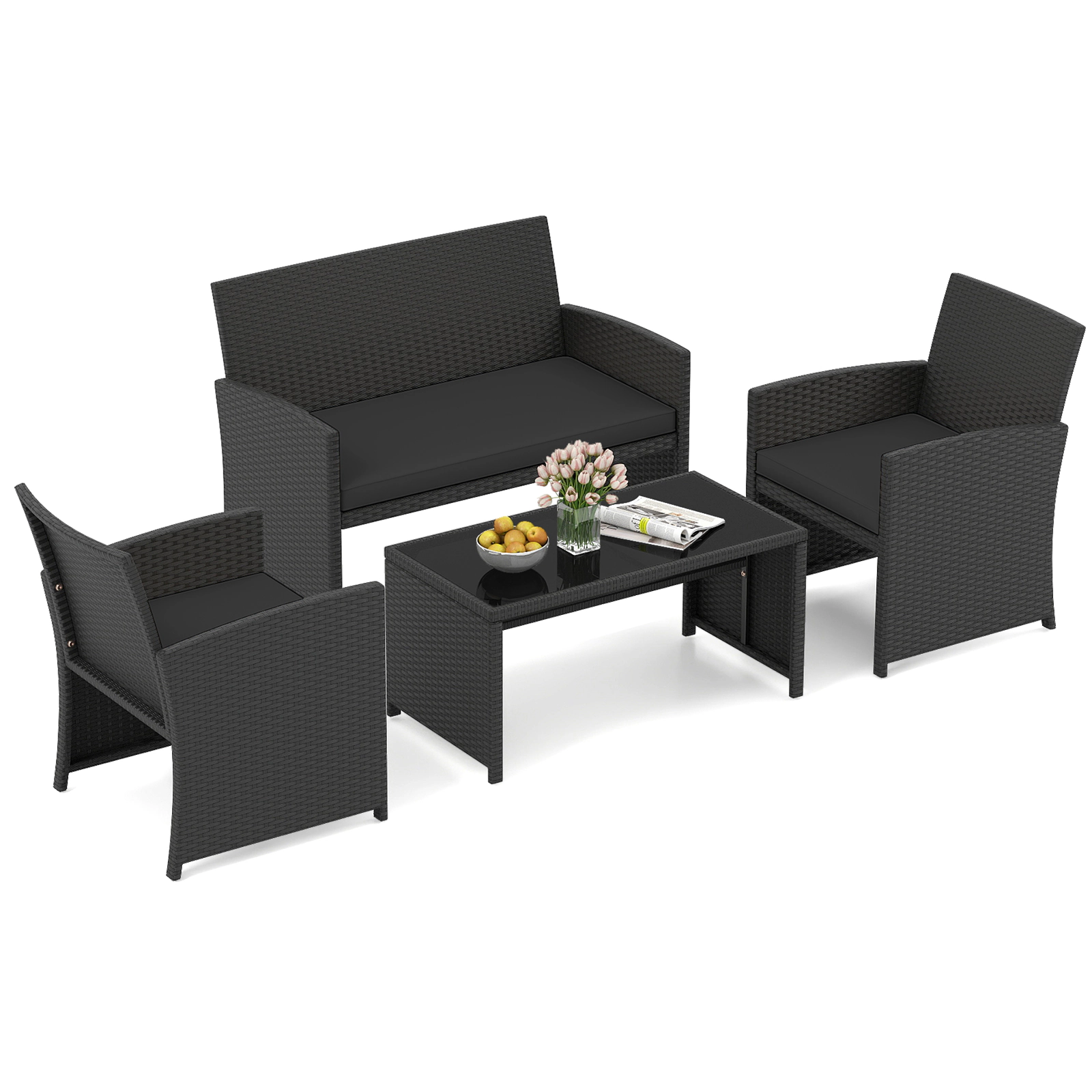 SUGIFT 4-Piece Black Rattan Patio Sofa Set with Loveseat, 2 Sofas and Coffee Table
