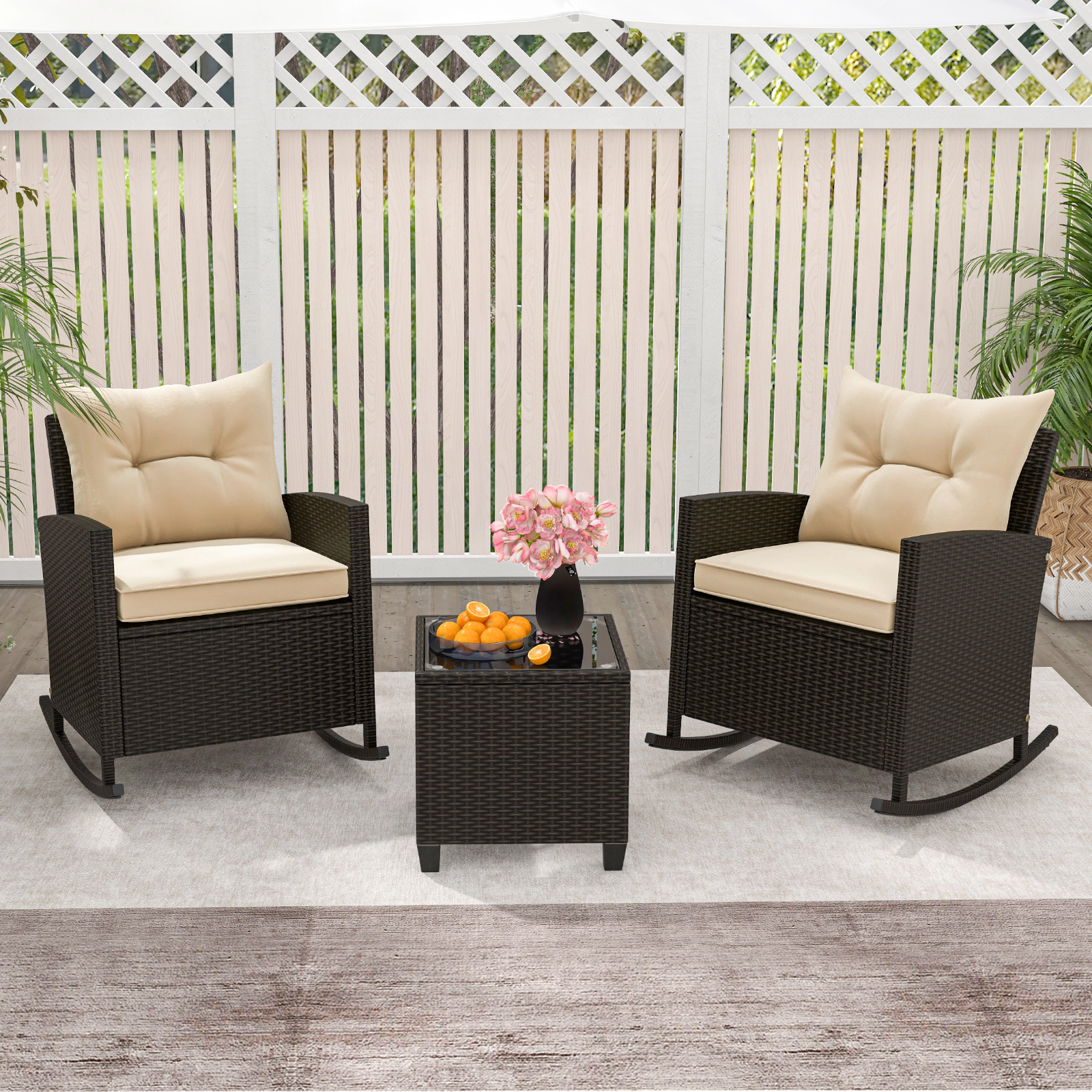 LJG Patio Rattan Rocker Chairs with Tempered Glass Table and Soft Cushions