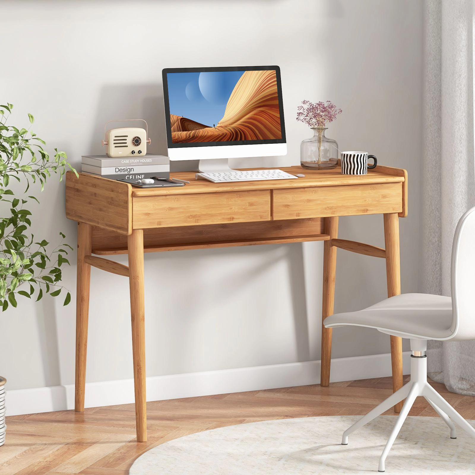 SlickBlue Wicker Computer Desk with 2 Drawers and Storage Shelf