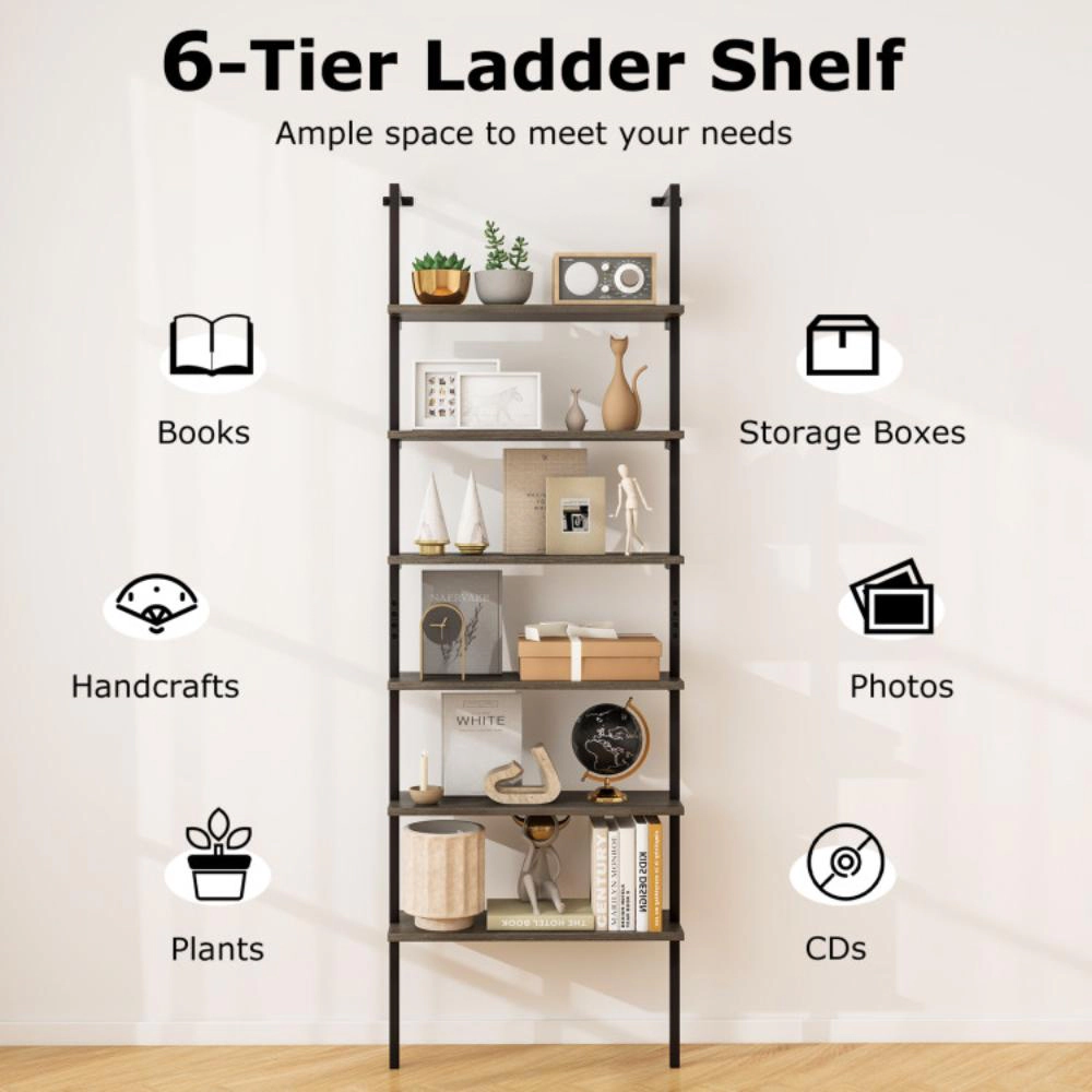 Hivvago 6-tier Ladder Shelf 72 Inches Industrial Wall Mounted Bookshelf
