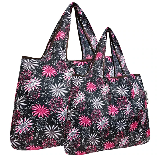 Wrapables LS Nylon Reusable Shopping Bags for Groceries (set of 2), Pink in Bloom